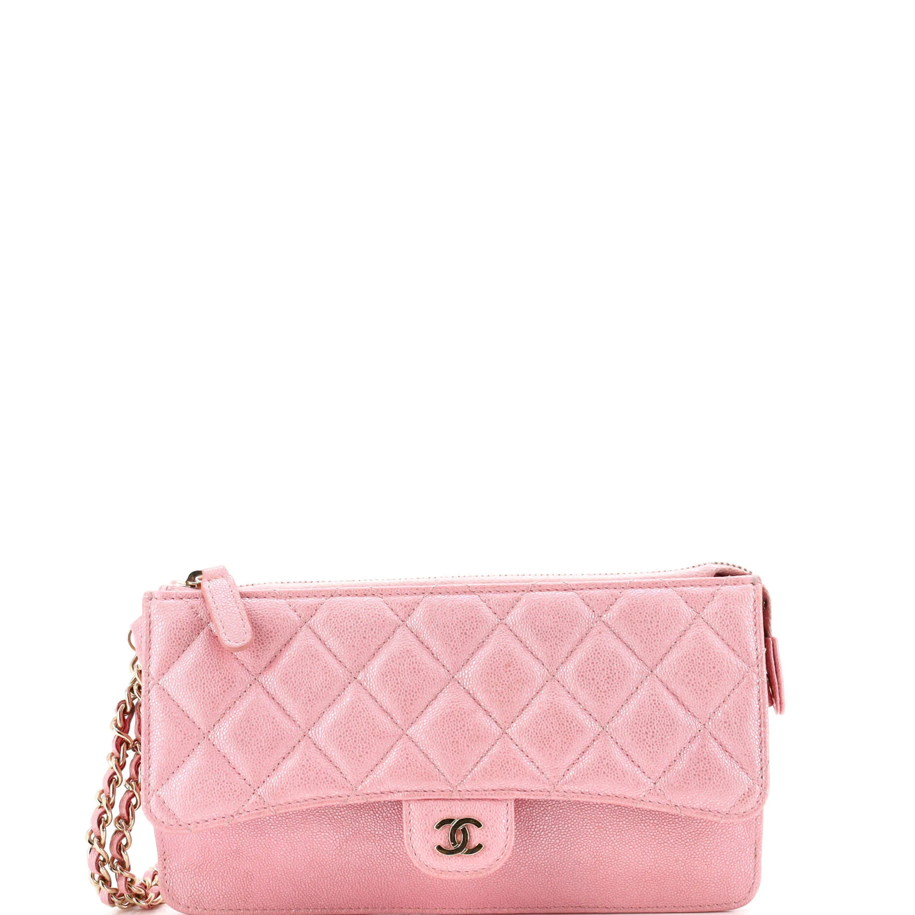 Classic Flap Zip Wristlet Pouch Quilted Iridescent Caviar
