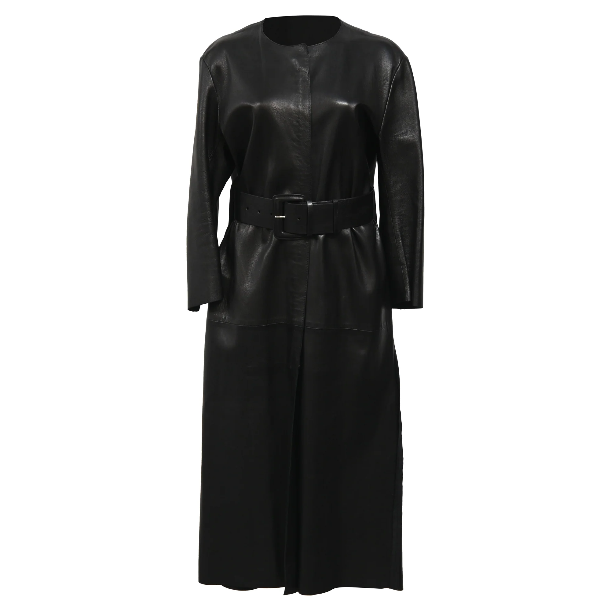 Women's Acne Studios Long Coat with Belt in Black Leather