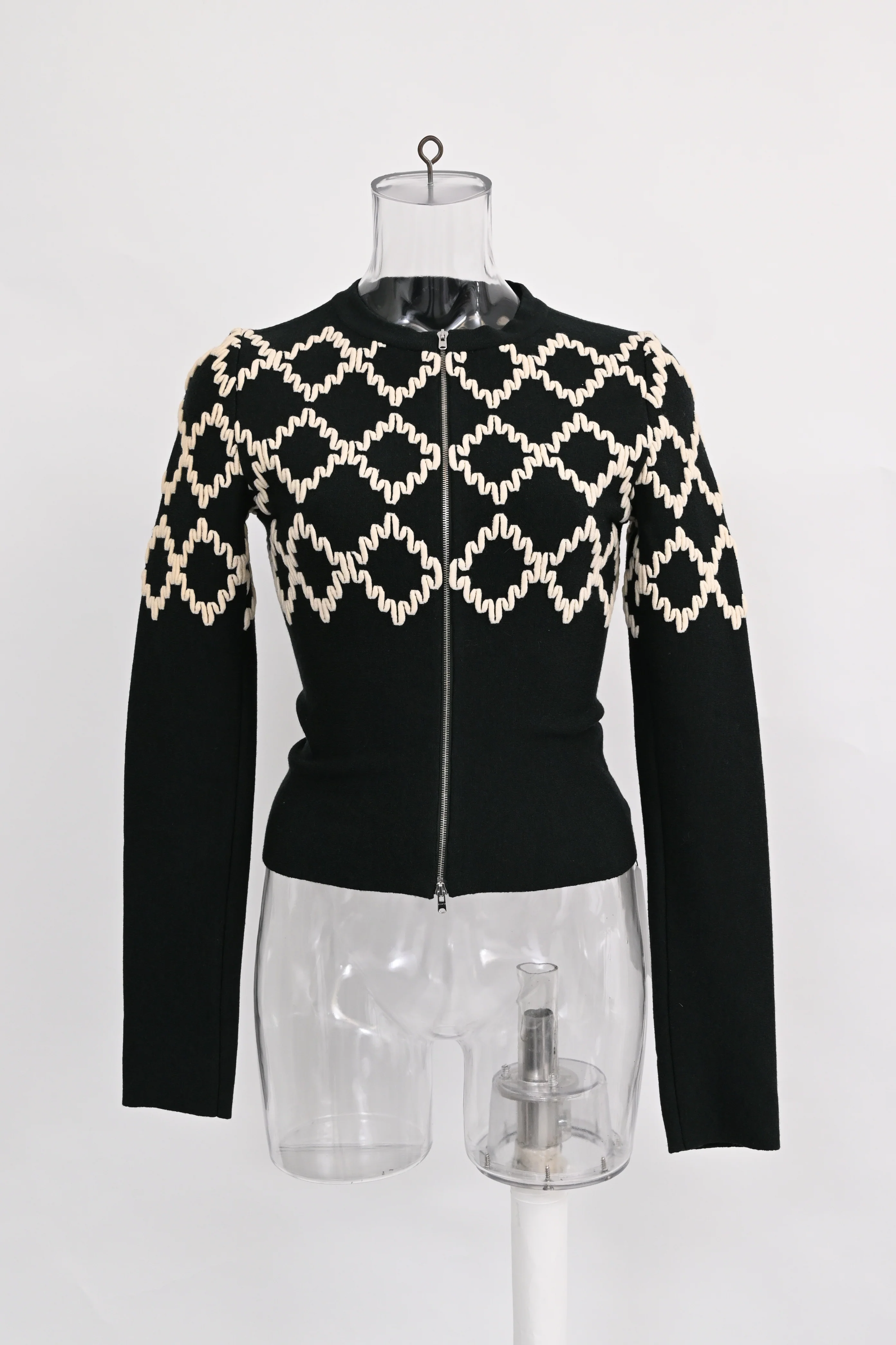 Women's Alaïa Patterned Zip-Up Cardigan in Black Wool - Image 6