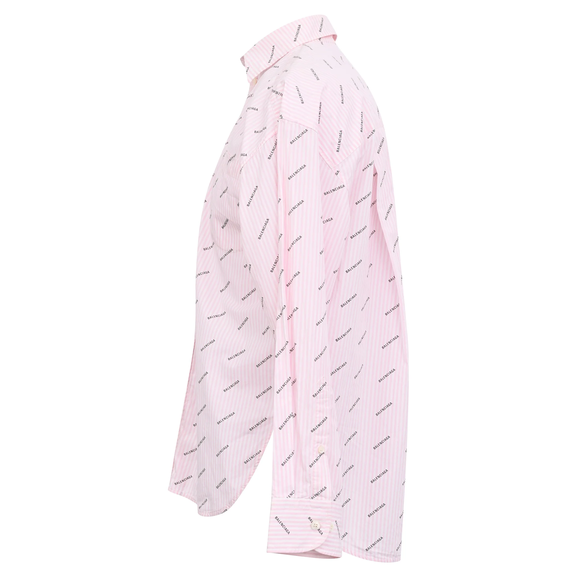 Men's Balenciaga Logo Striped Button Front Oversized Shirt in Pink Cotton - Image 2