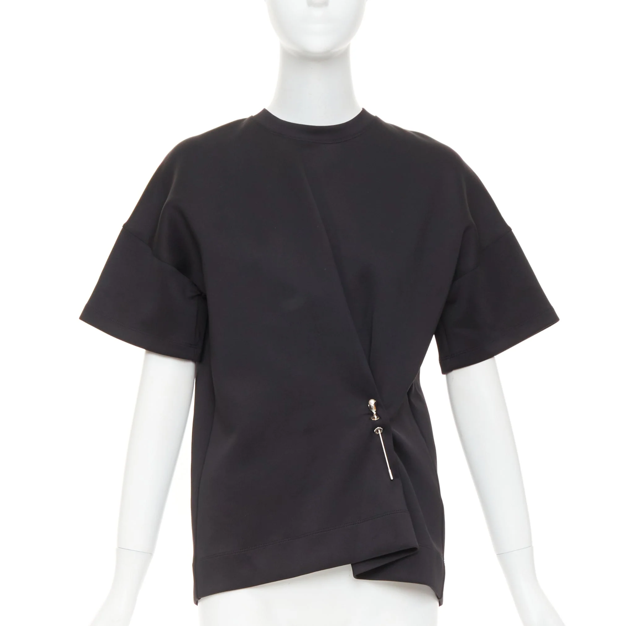 Women's BALENCIAGA 2015 Runway black neoprene pearl pin asymmetric draped boxy top S - Image 10