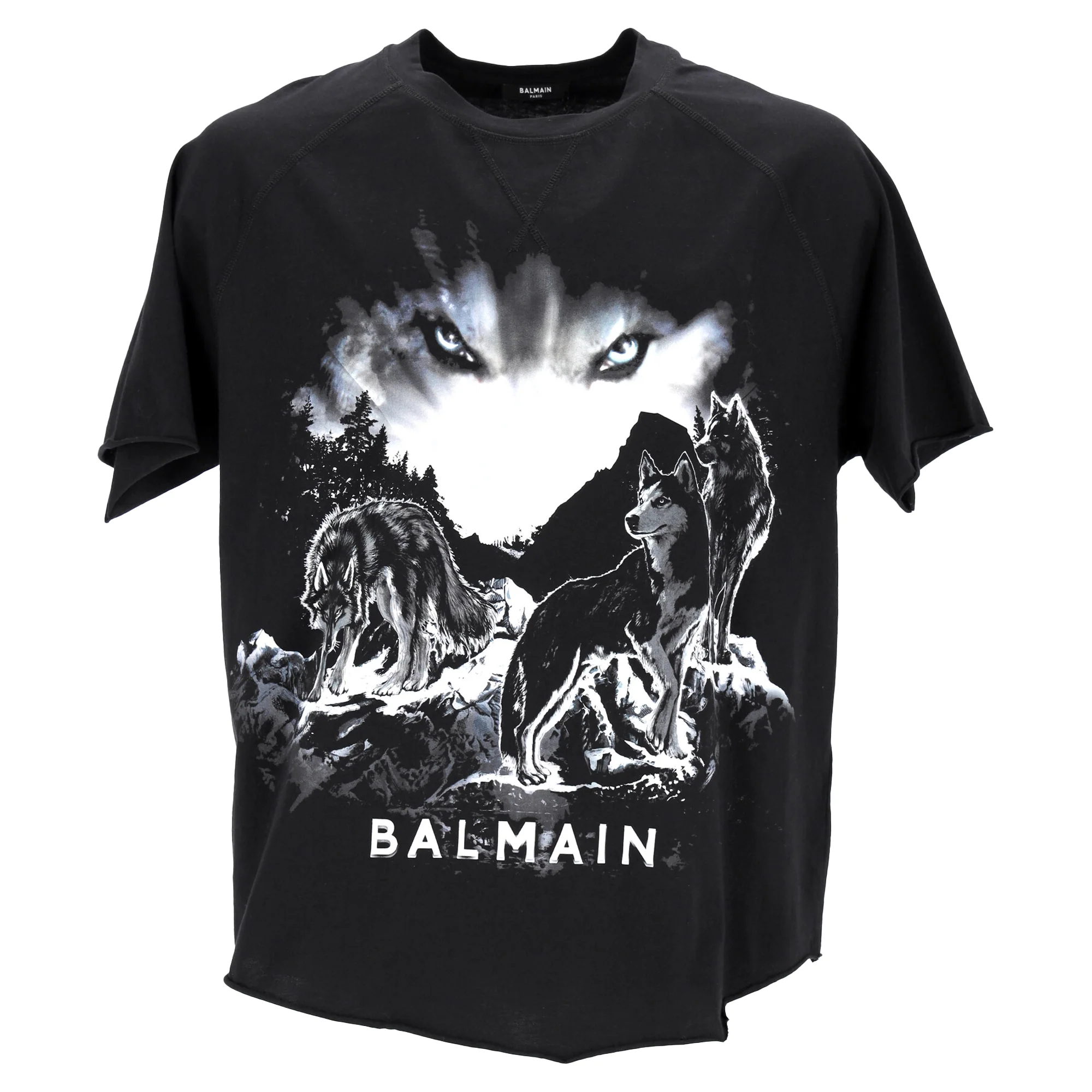 Men's Balmain Wolf Print Crewneck T-Shirt in Black Cotton