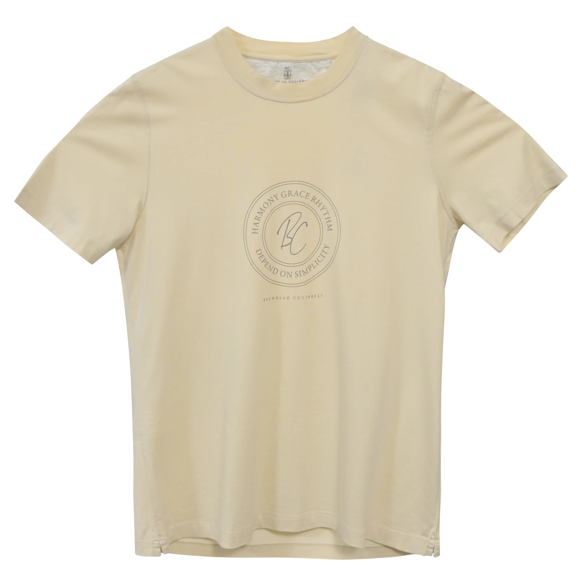 Men's Brunello Cucinelli 'Harmony, Grace, Rhythm' T-Shirt in Light Yellow Cotton