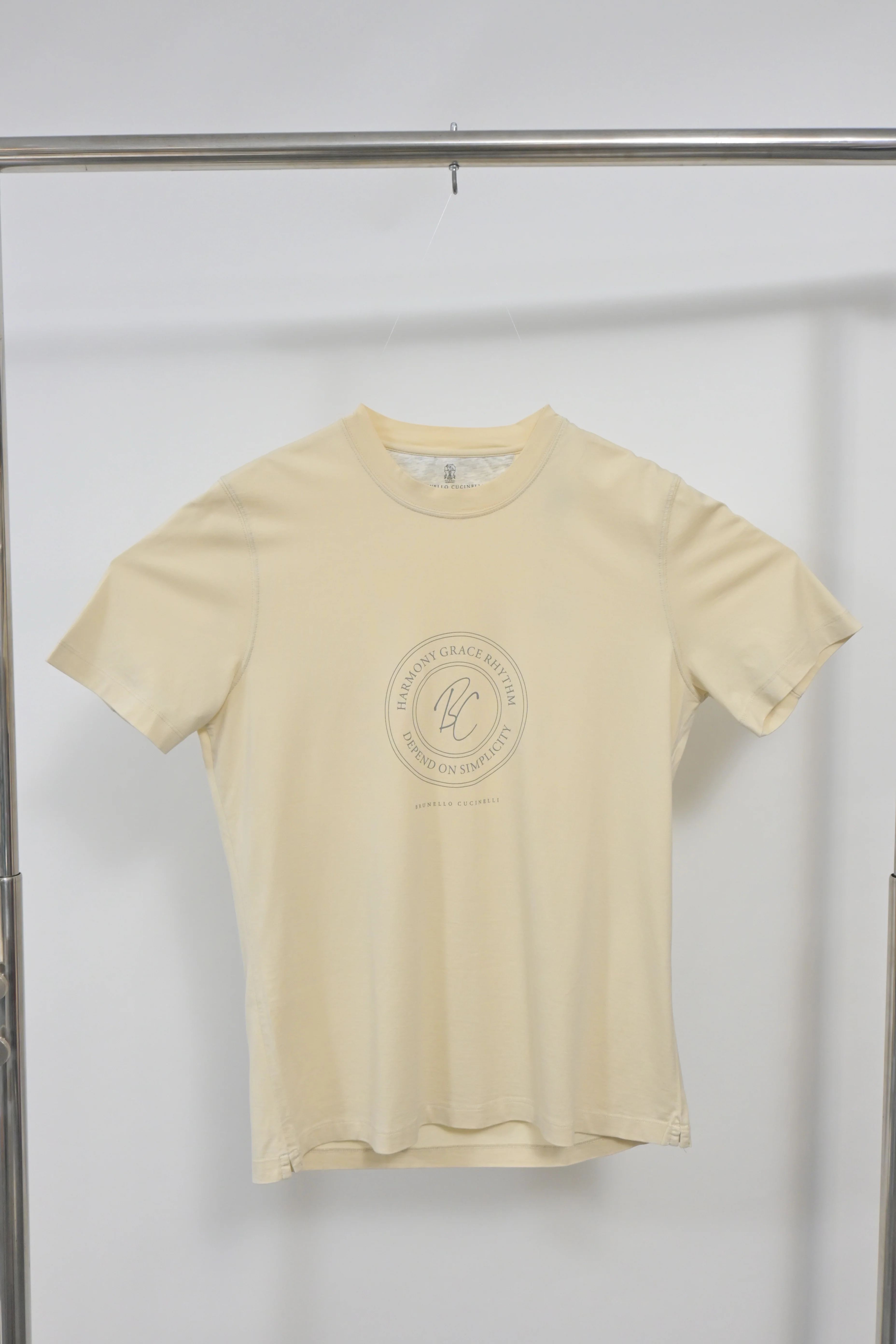 Men's Brunello Cucinelli 'Harmony, Grace, Rhythm' T-Shirt in Light Yellow Cotton - Image 5