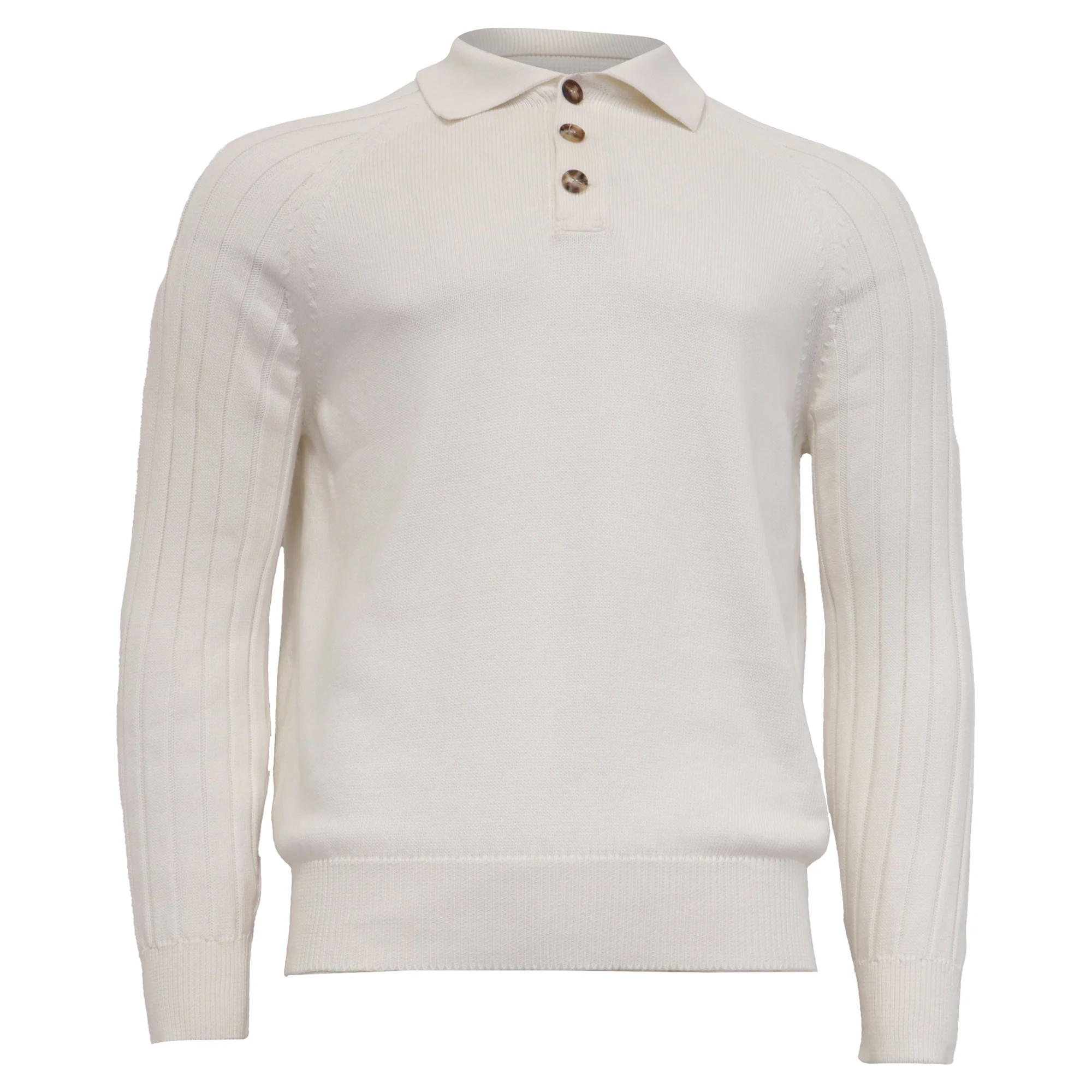 Men's Brunello Cucinelli Knitted Long Sleeve Polo Sweater in White Cotton