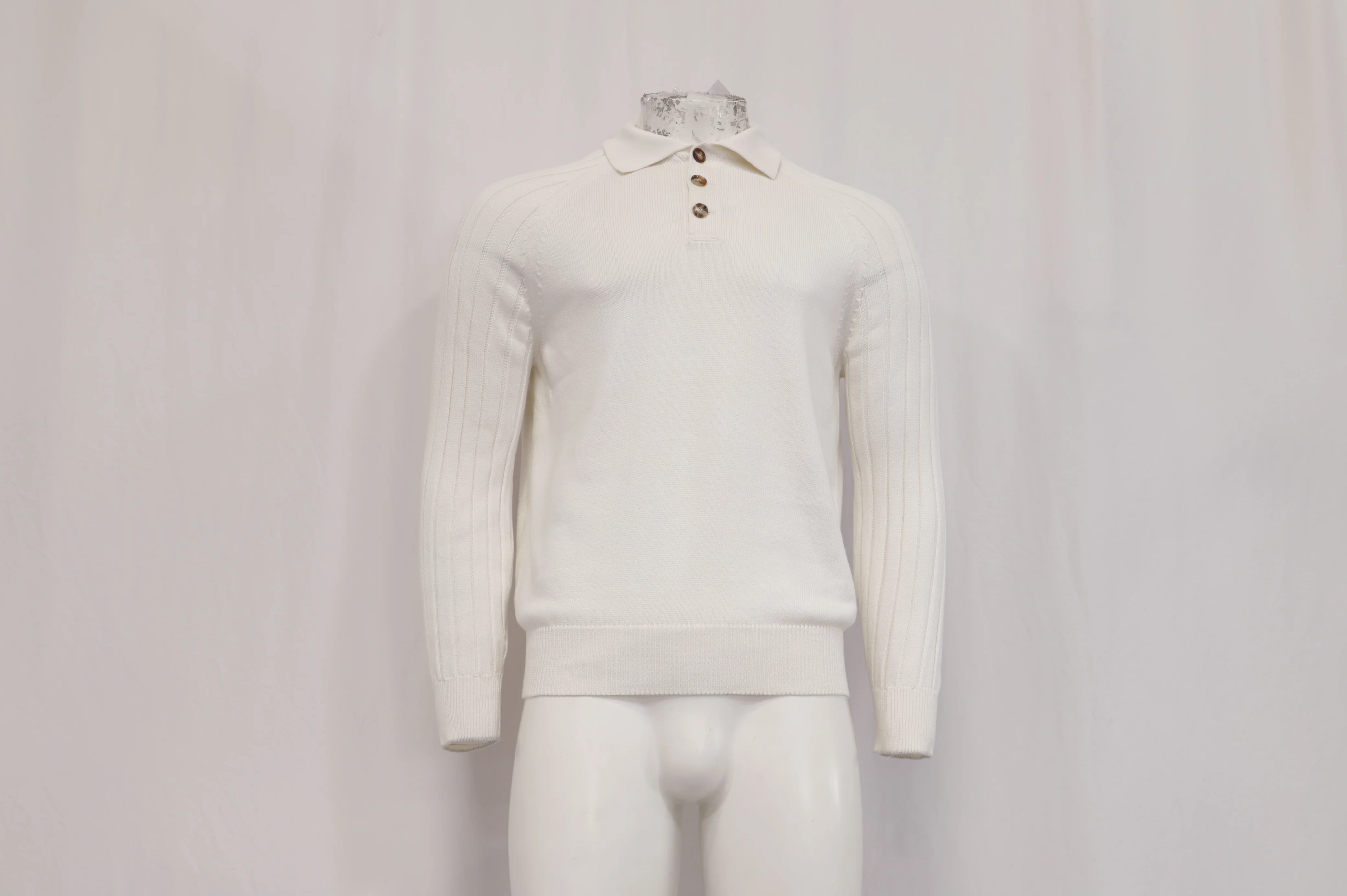 Men's Brunello Cucinelli Knitted Long Sleeve Polo Sweater in White Cotton - Image 7