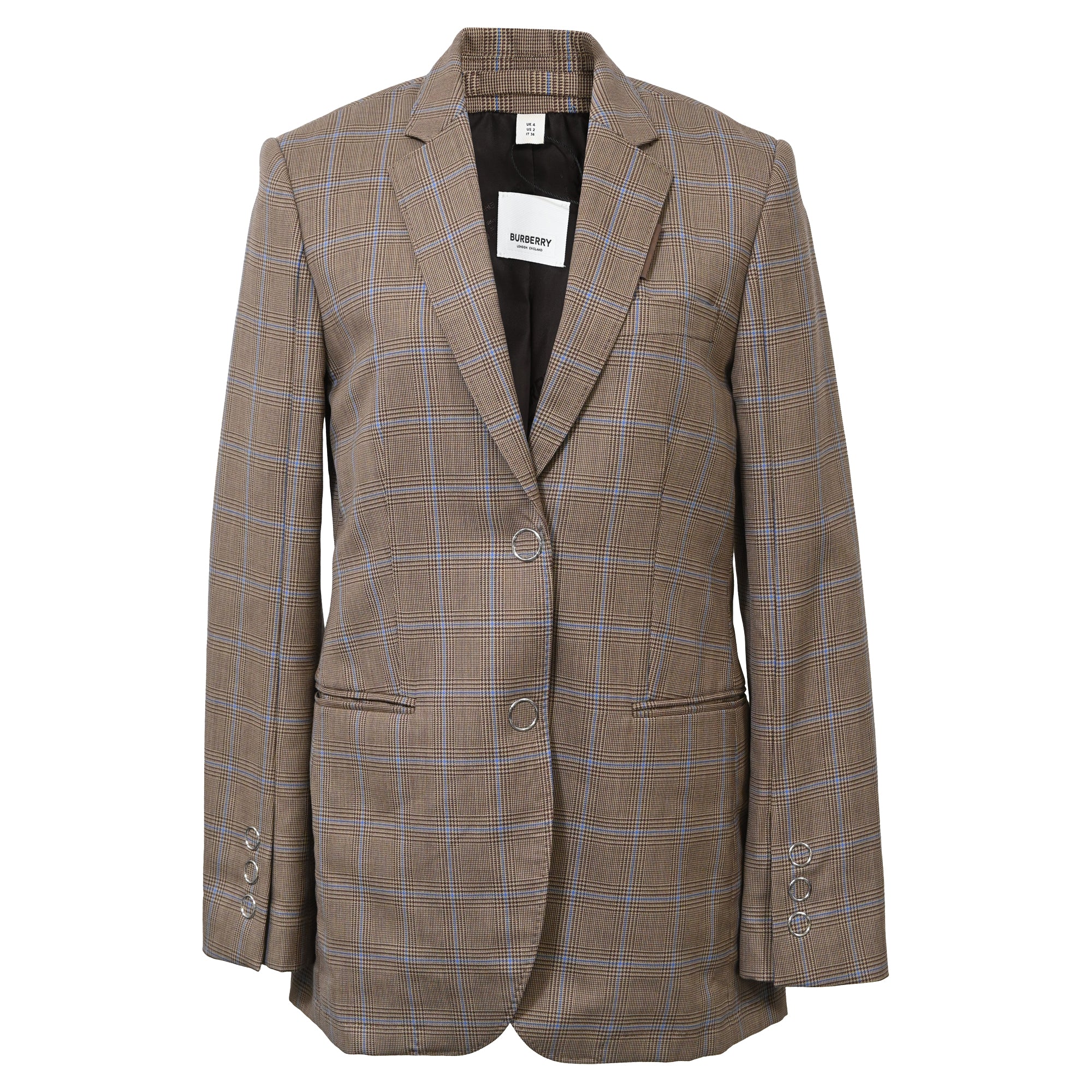 Women's Burberry Single-Breasted Checkered Print Blazer in Brown Wool