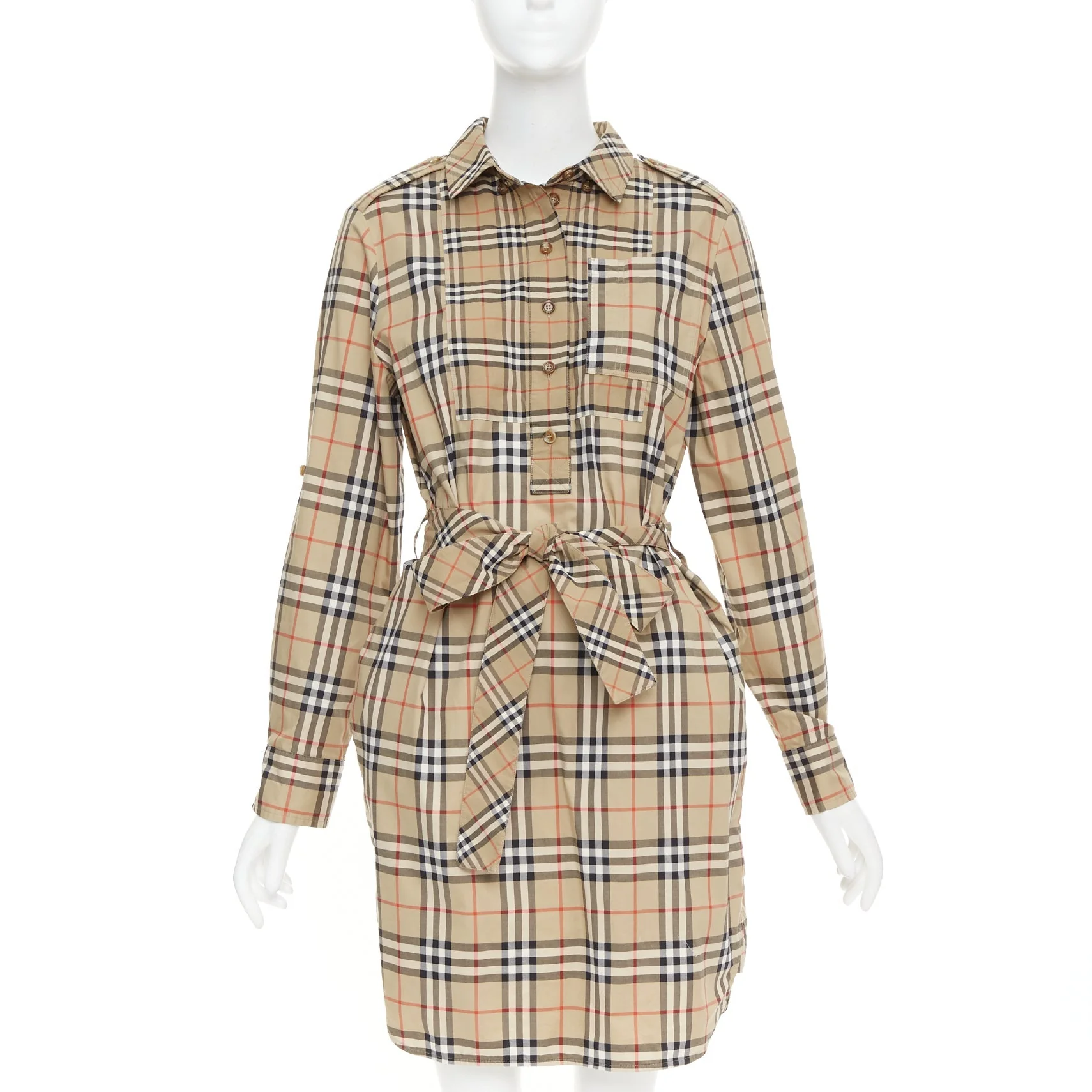 Women's BURBERRY Archive Beige Vintage Check cotton button down belt shirt dress UK10 S