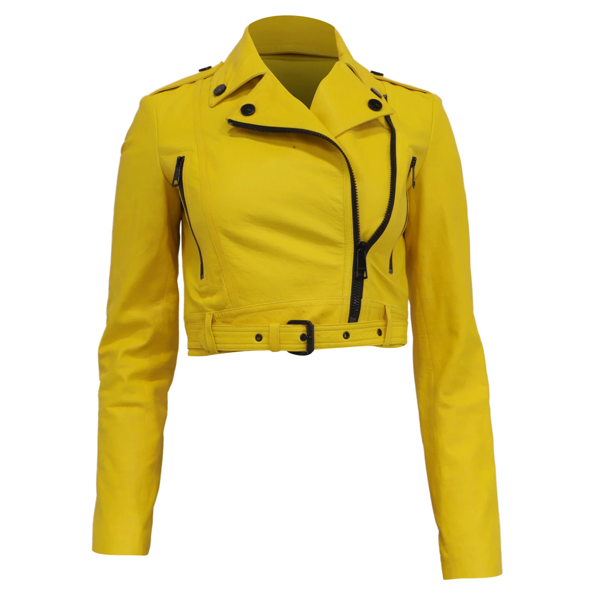 Women's Burberry London Cropped Biker Jacket in Yellow Leather