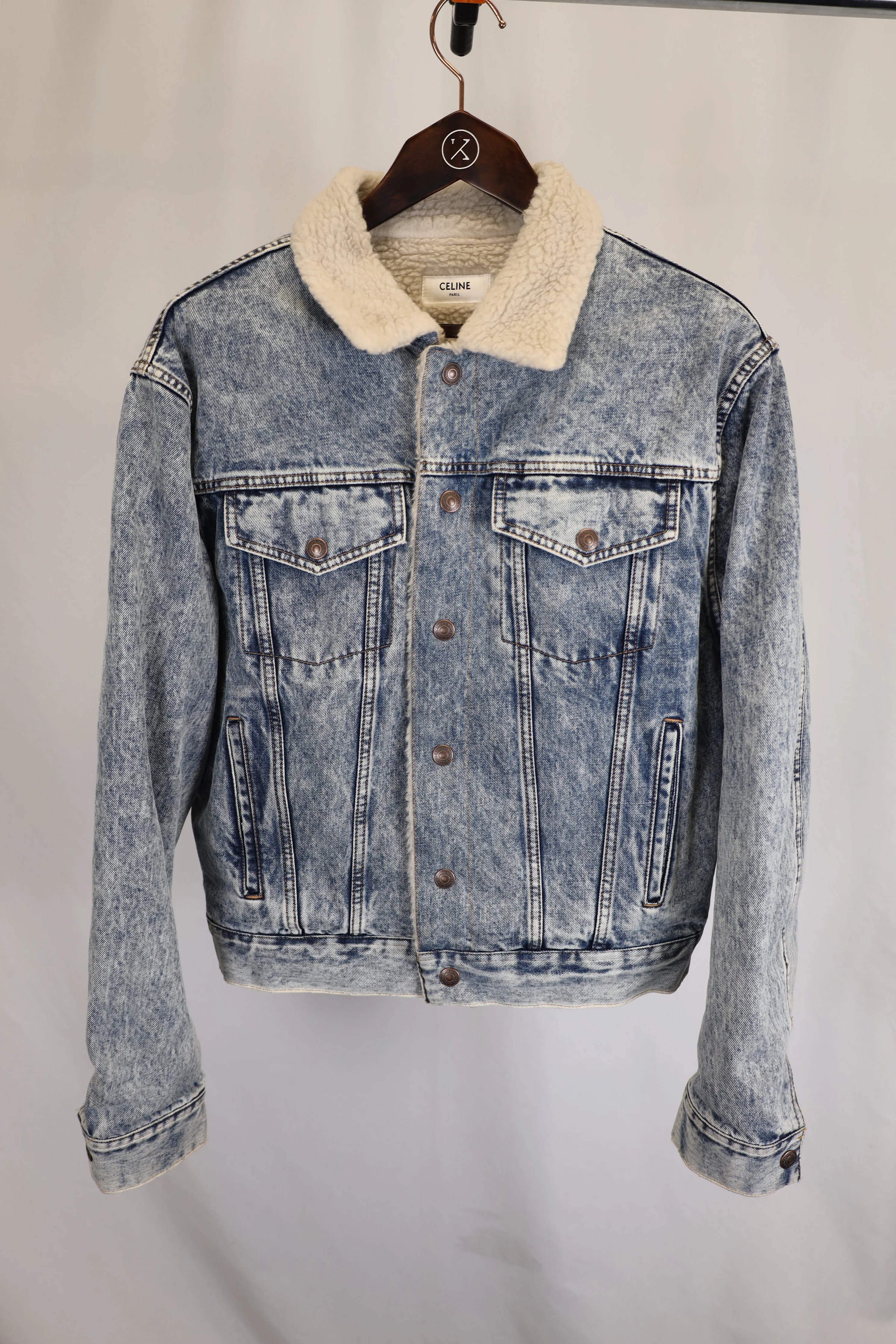 Women's Celine Oversized Shearling-Lined Bleached Denim Jacket in Light Blue Cotton - Image 4
