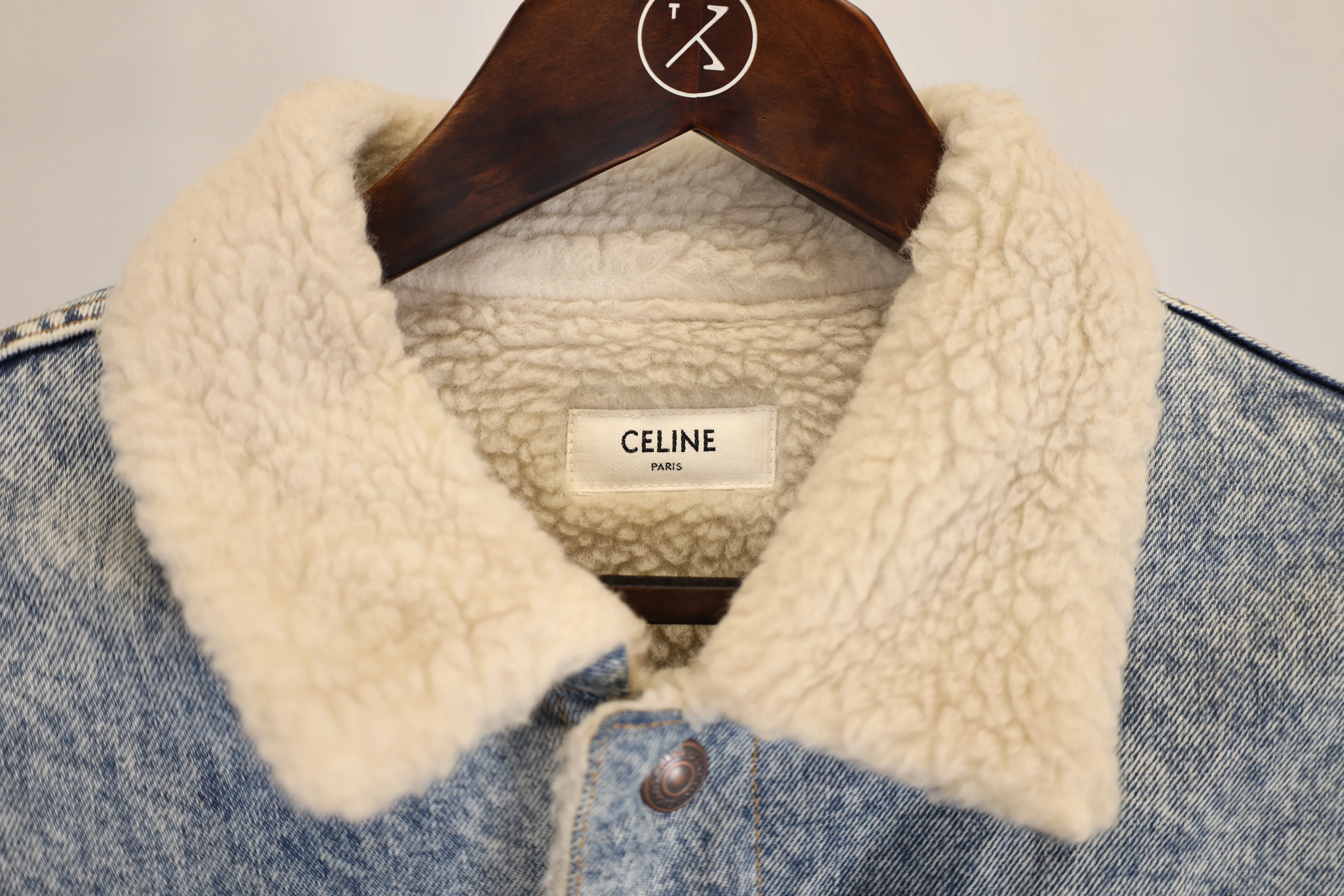 Women's Celine Oversized Shearling-Lined Bleached Denim Jacket in Light Blue Cotton - Image 5