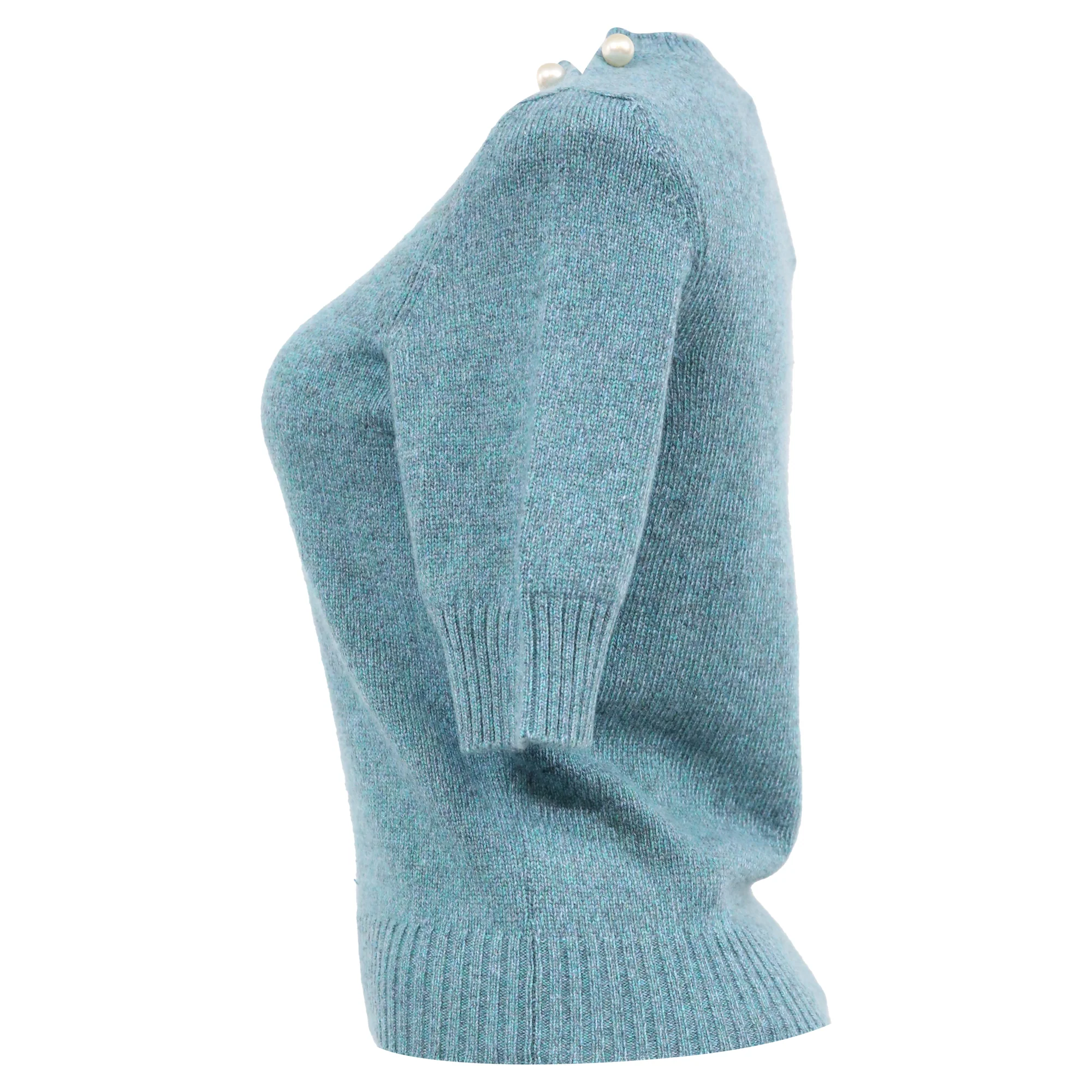 Women's Chanel Knitted Pearl-Embellished Short Sleeve Top in Blue Wool - Image 2