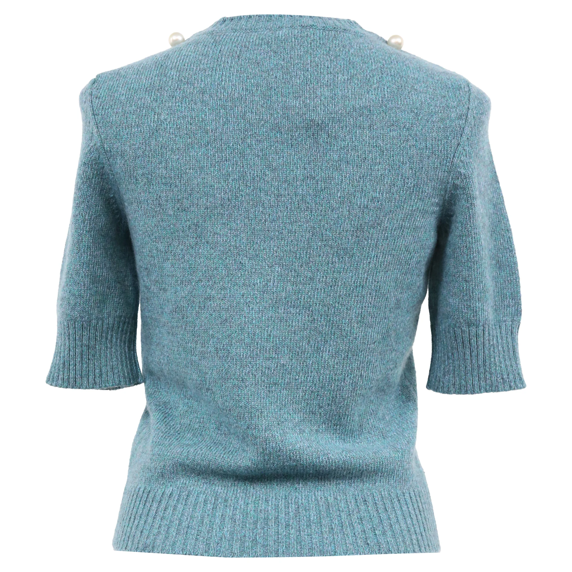 Women's Chanel Knitted Pearl-Embellished Short Sleeve Top in Blue Wool - Image 3