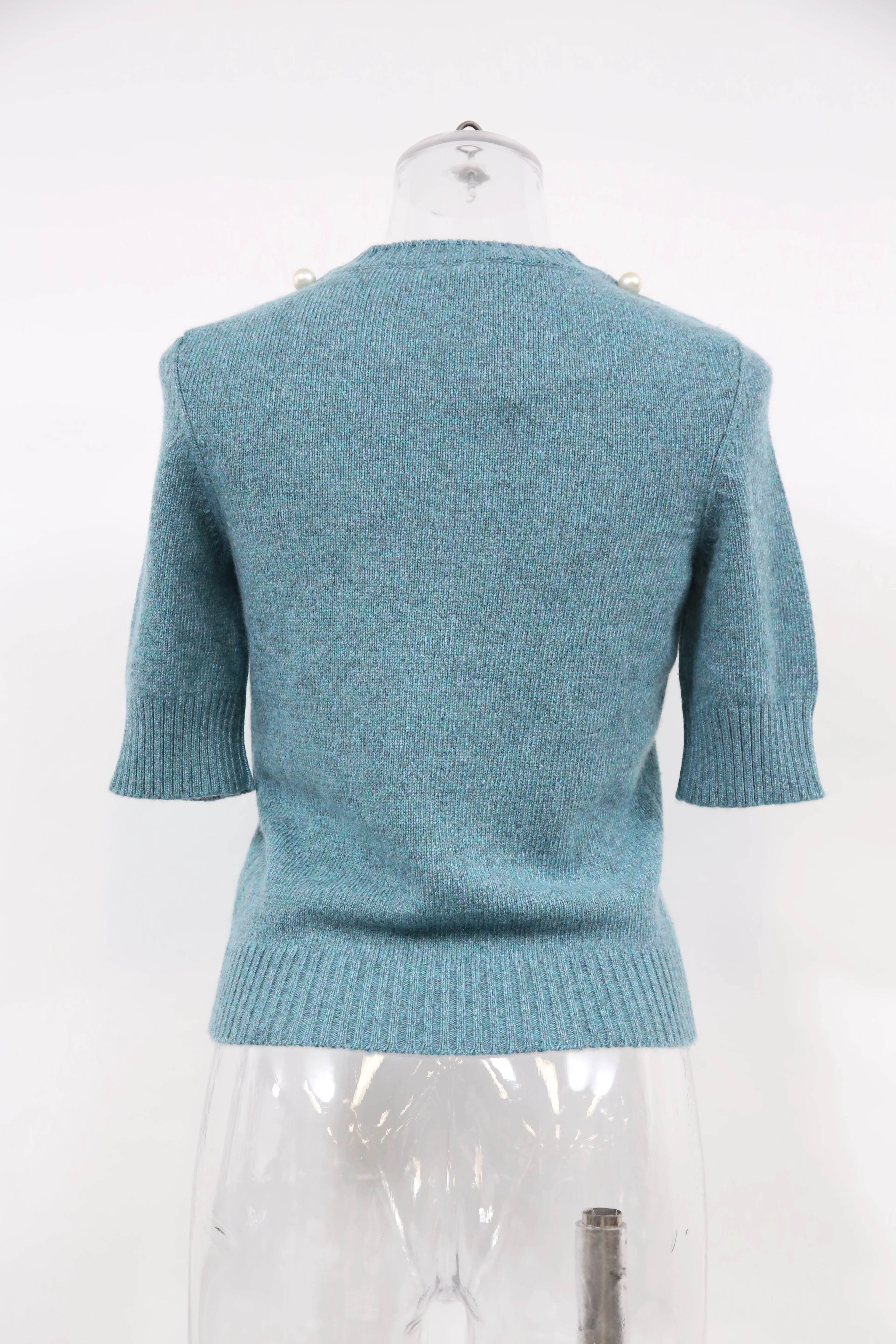Women's Chanel Knitted Pearl-Embellished Short Sleeve Top in Blue Wool - Image 8