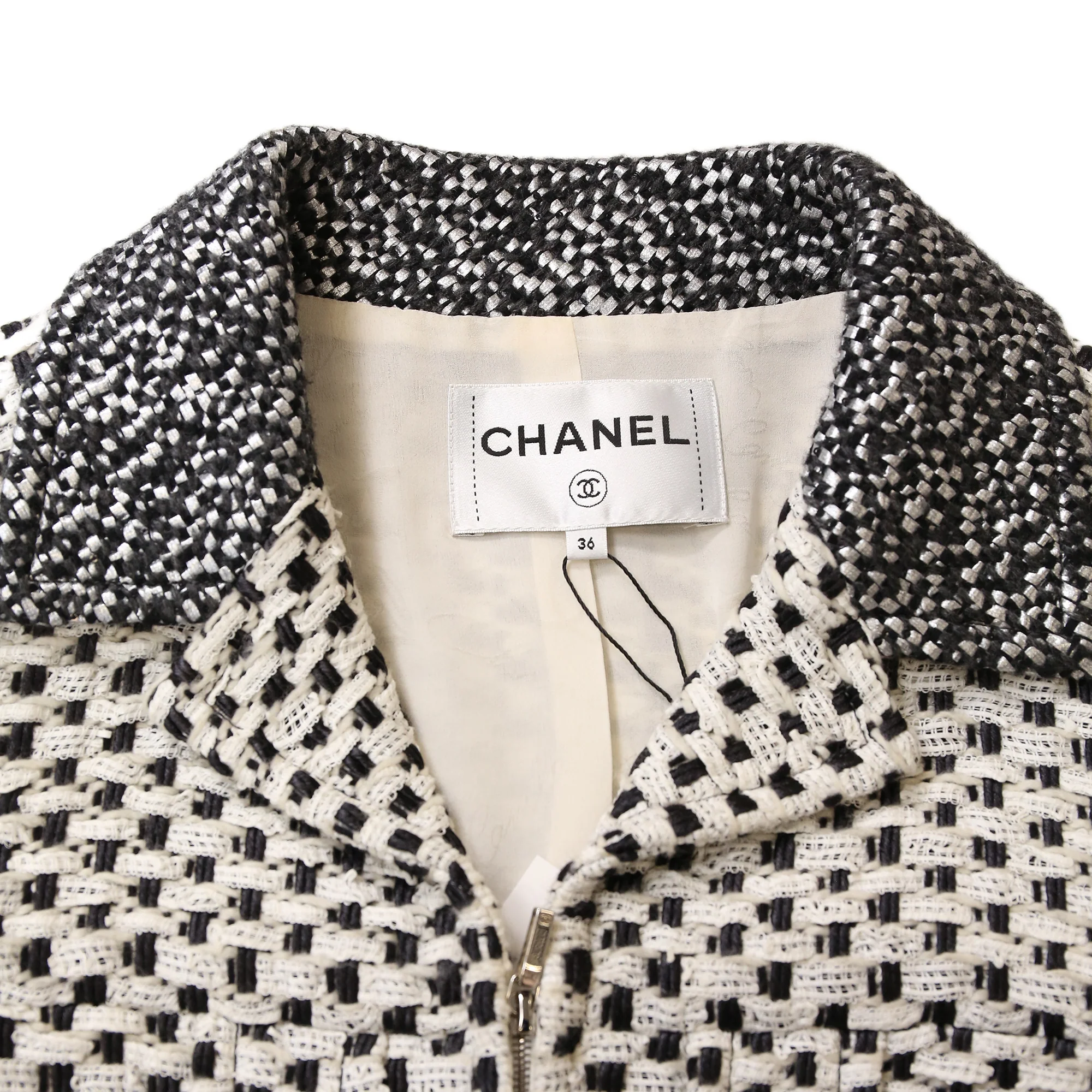 Women's Chanel Polka Dot Zipped Jacket in Black And White Cotton Tweed - Image 5