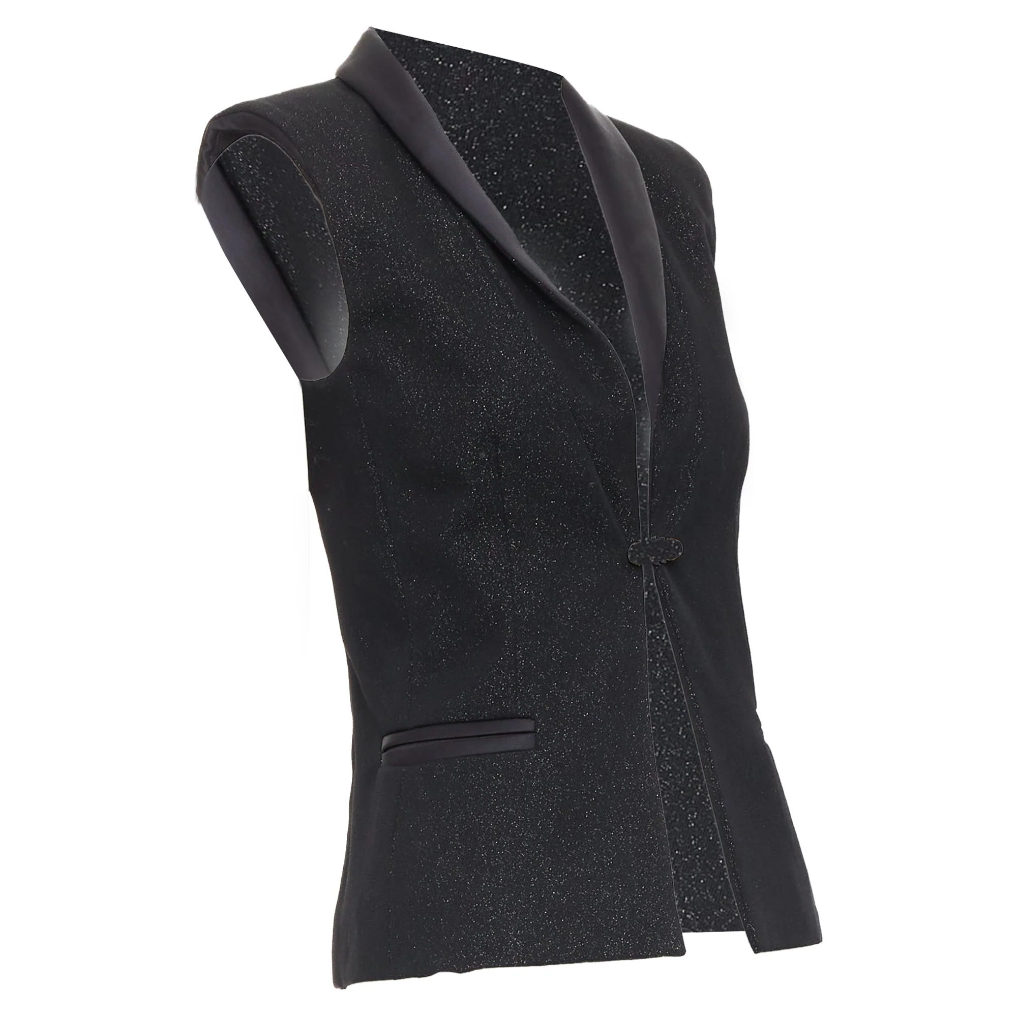 Women's Chanel black wool lurex pearl crystal button satin shawl collar vest S - Image 3