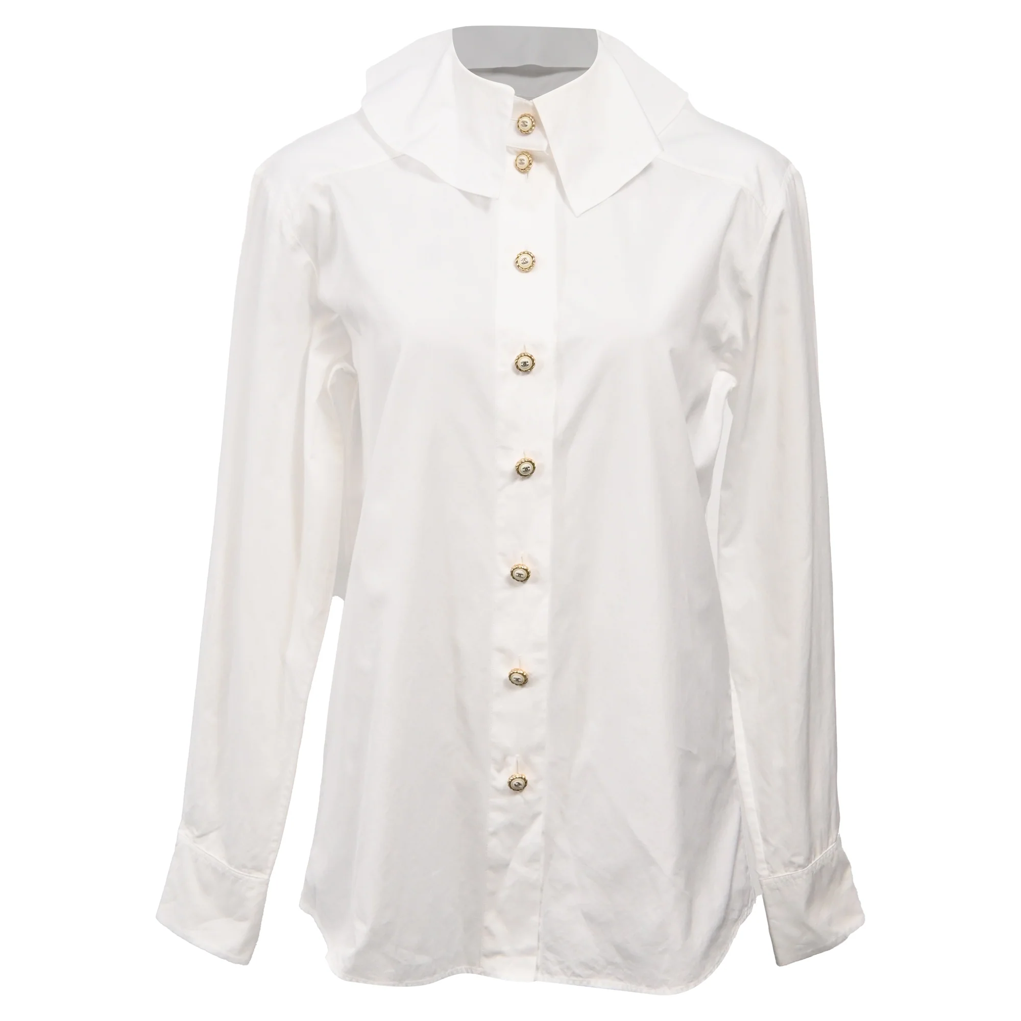 Women's Chanel Embellished Buttons Long Sleeve Shirt in White Cotton