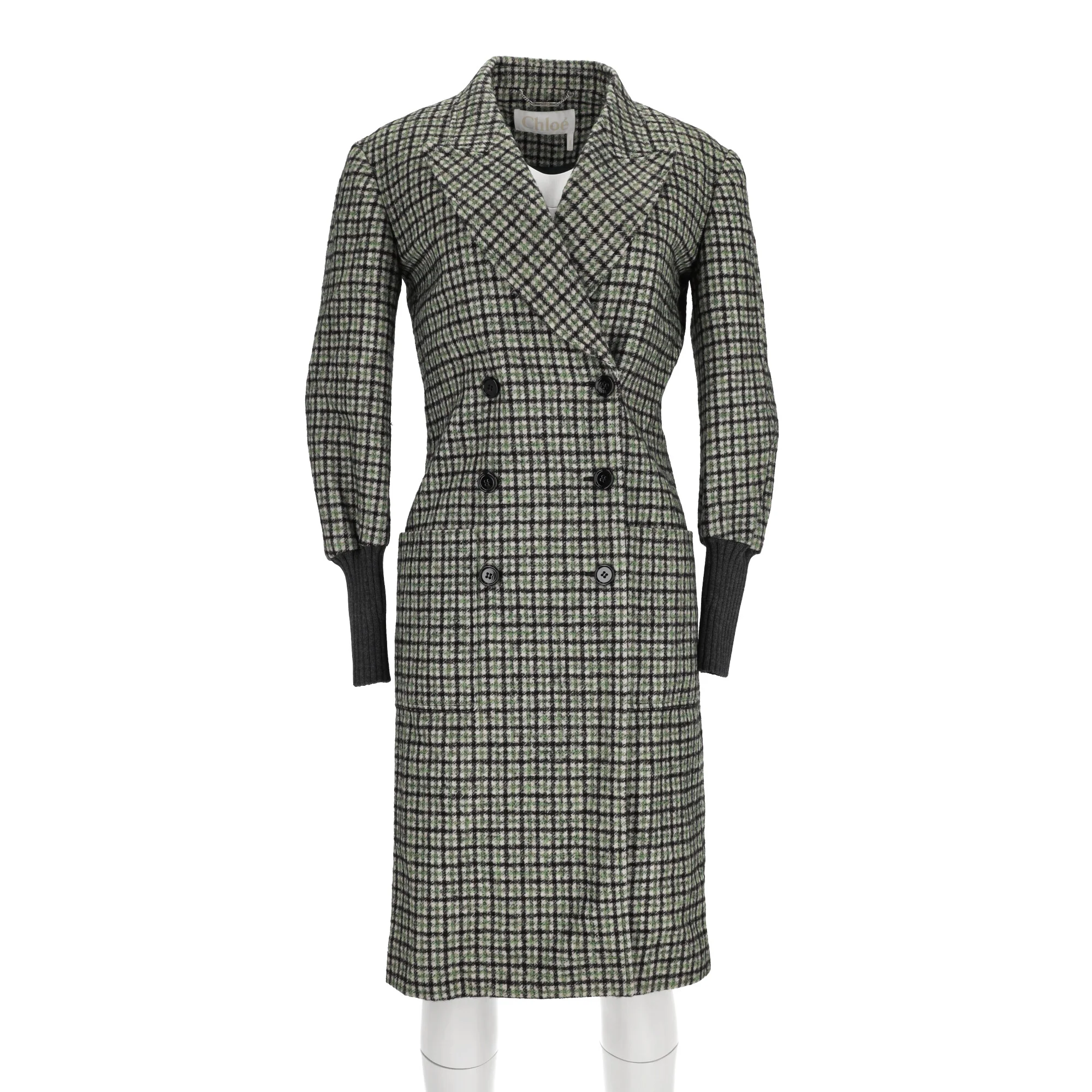 Women's Chloé Check-Pattern Double-Breasted Coat in Multicolor Wool - Image 8