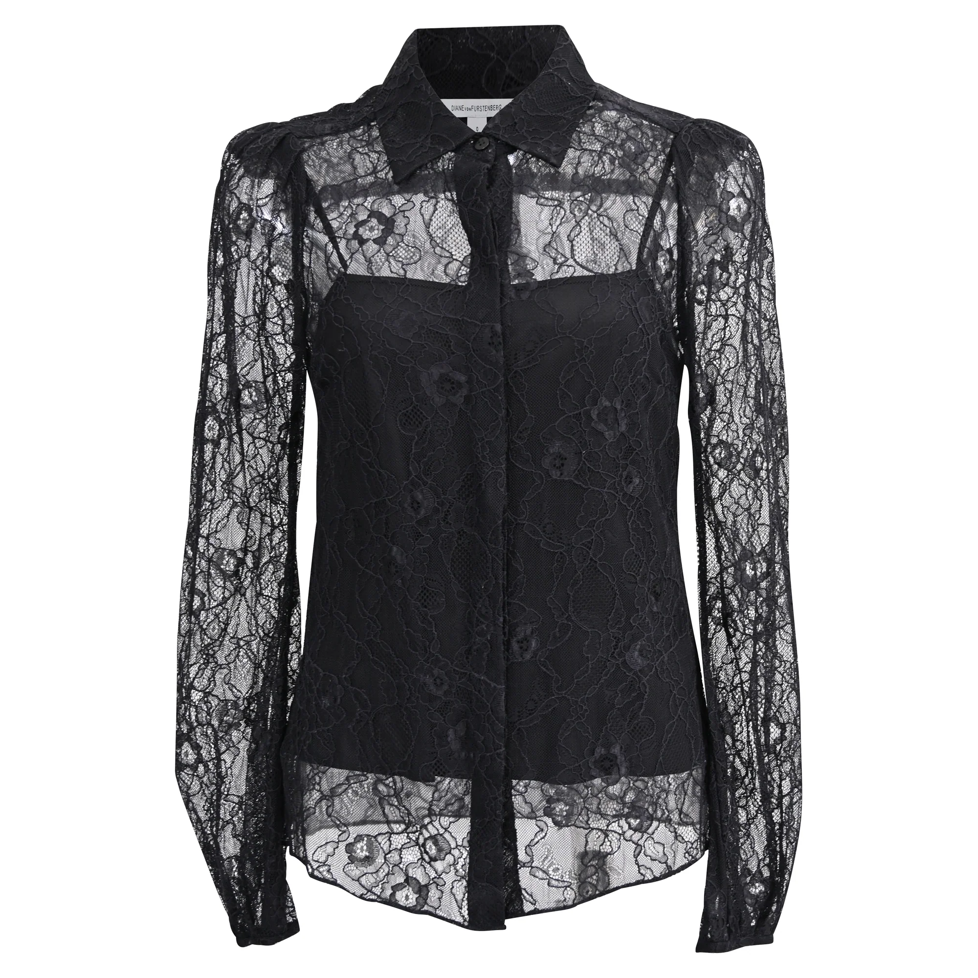Women's Diane von Furstenberg Mariah Lace Sleeve Blouse in Black Nylon