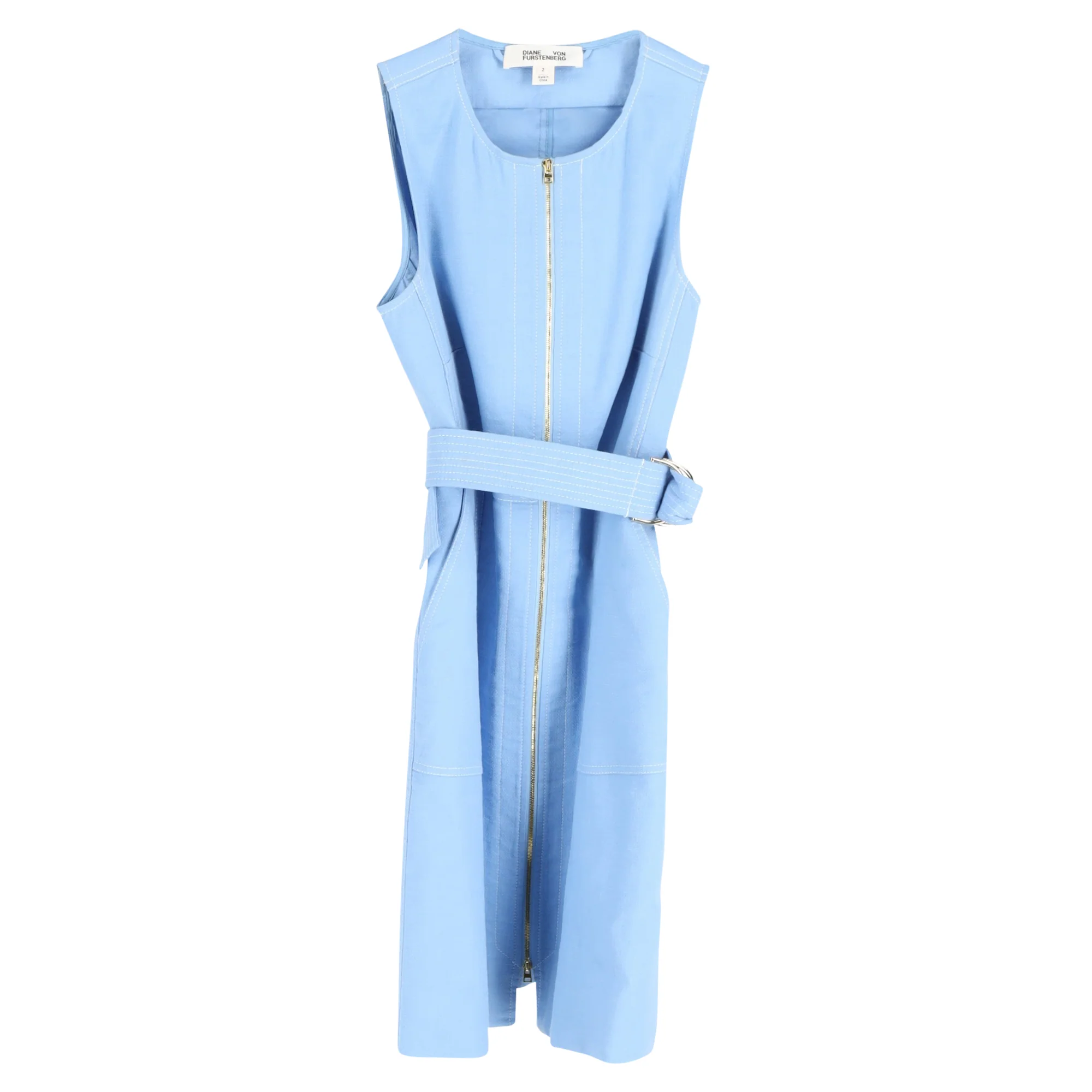 Women's Diane Von Furstenberg Sleeveless Zip Front Dress in Light Blue Cotton
