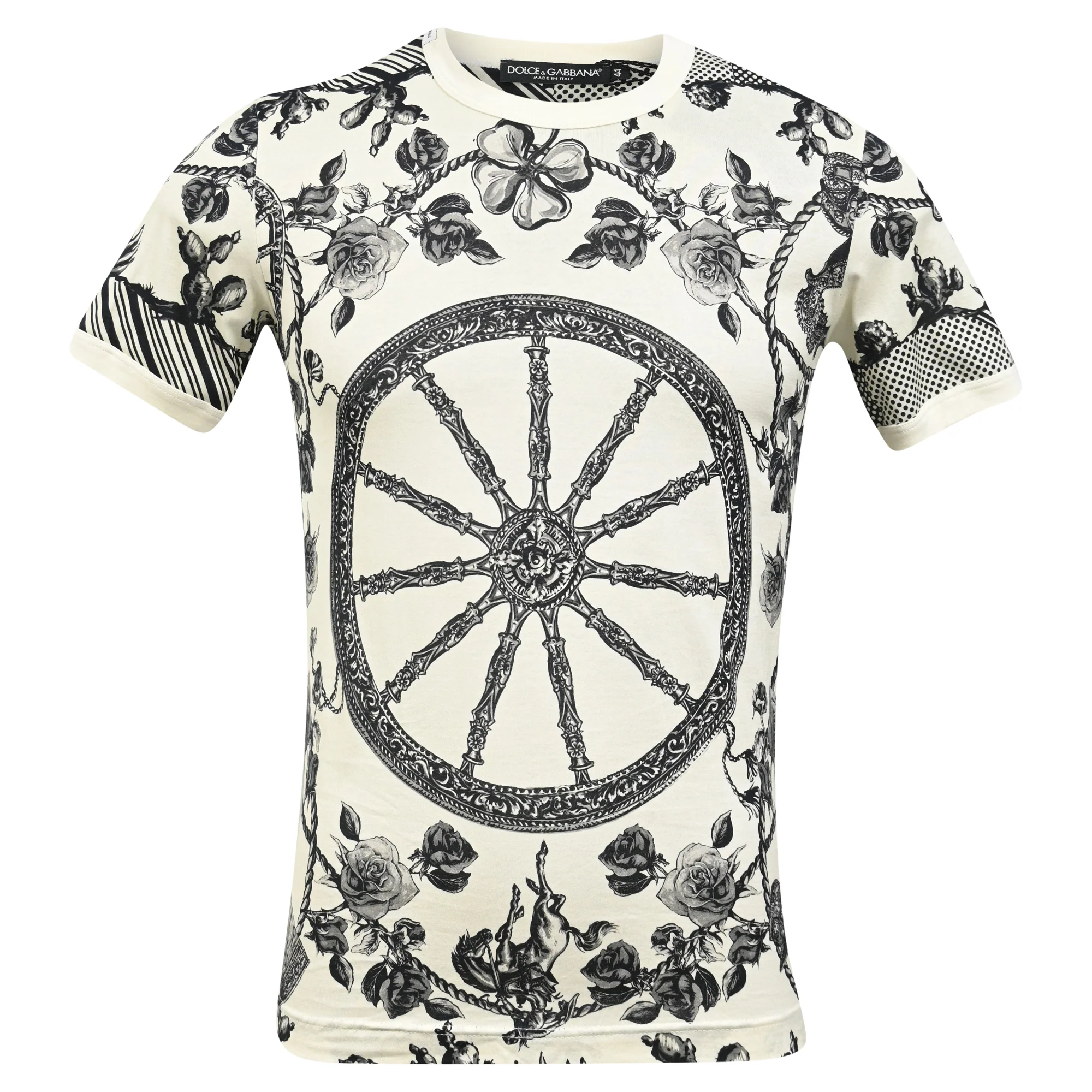Men's Dolce & Gabbana Monochrome Pique Rose Printed T-Shirt in White Cotton