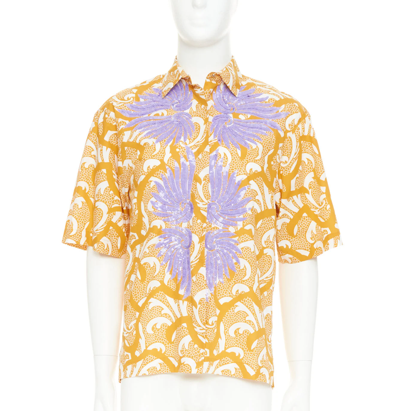 Men's DRIES VAN NOTEN yellow lilac sequin embroidered short sleeve bowling shirt S