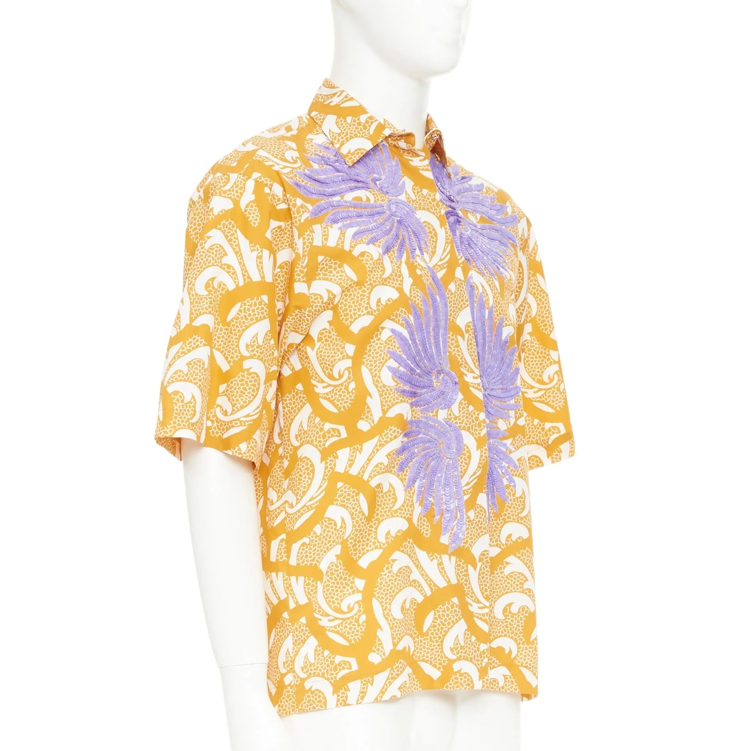 Men's DRIES VAN NOTEN yellow lilac sequin embroidered short sleeve bowling shirt S - Image 3