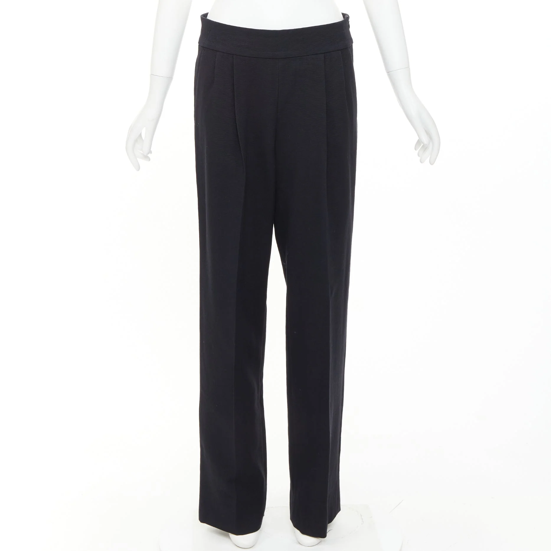 Women's DRIES VAN NOTEN black wool cotton pleated front wide leg trousers pants FR38 M - Image 9