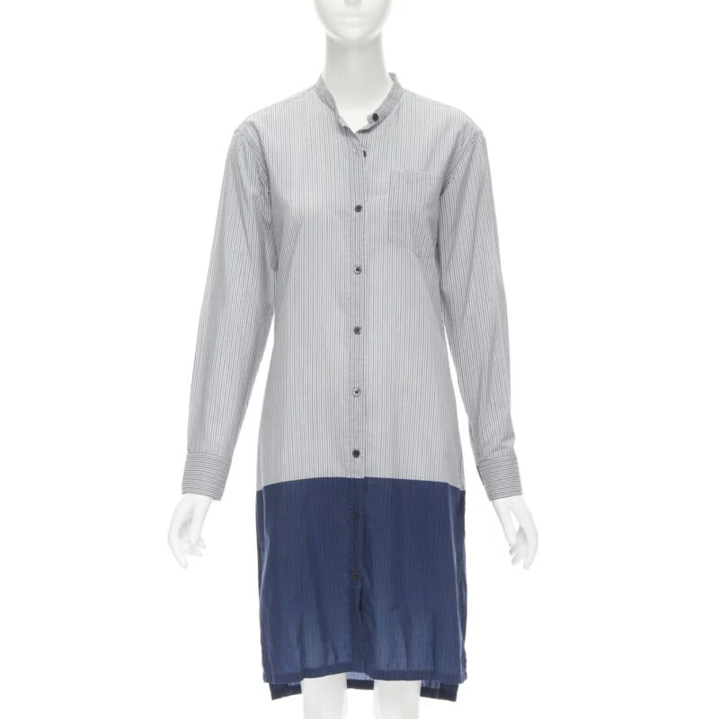 Women's DRIES VAN NOTEN blue pinstripe cotton cupro hem long sleeve shirt dress FR34 XS