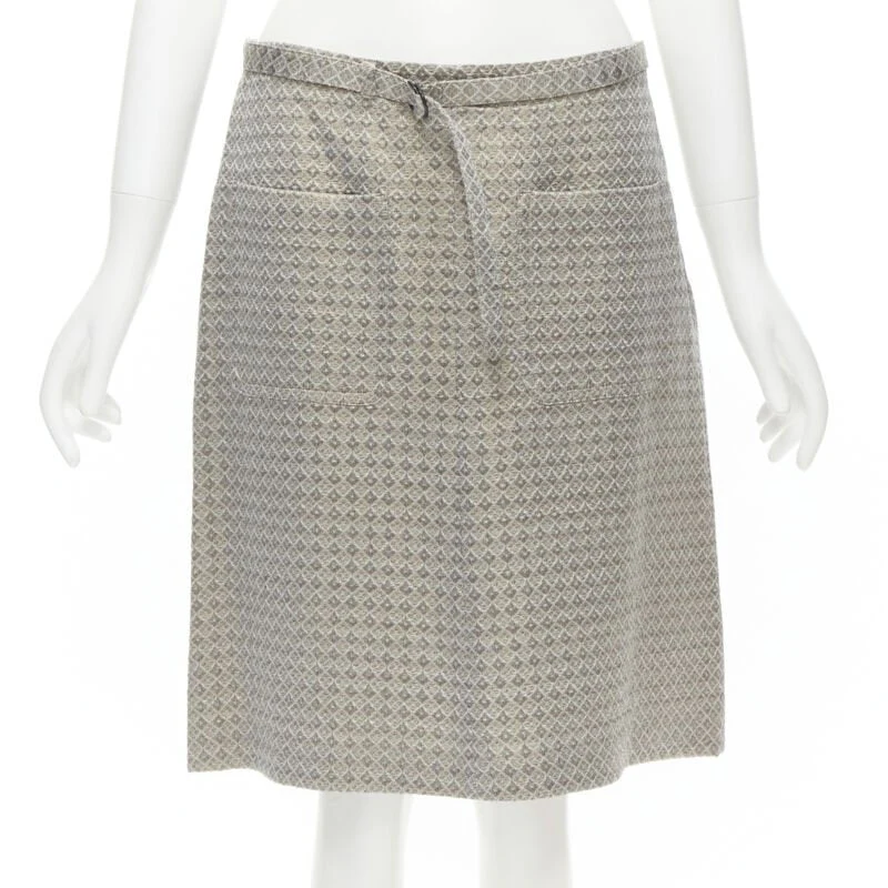 Women's DRIES VAN NOTEN gold coated jacquard cotton belted knee lnegth skirt FR36 S