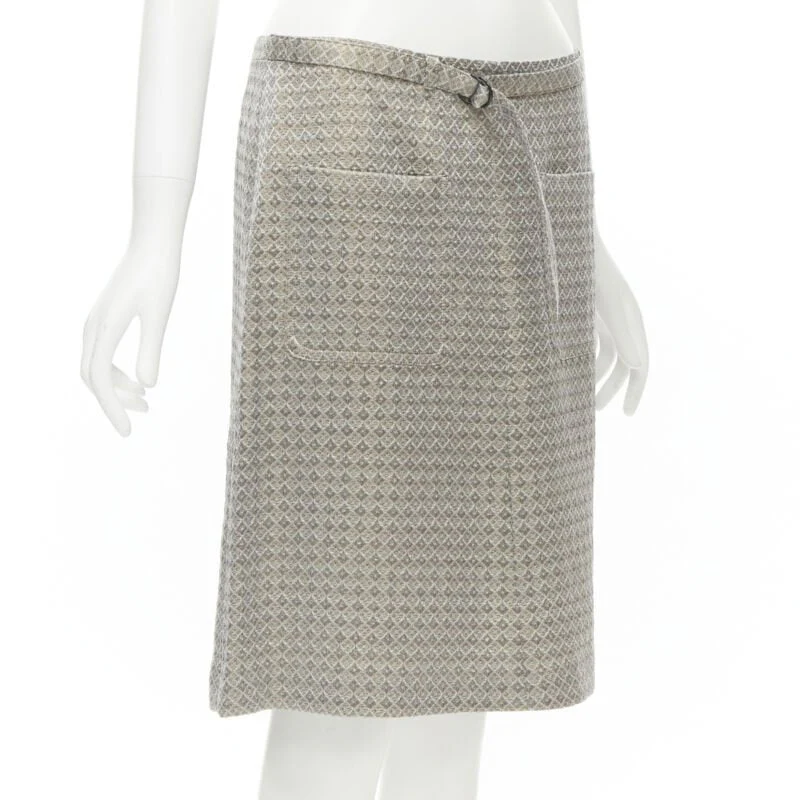 Women's DRIES VAN NOTEN gold coated jacquard cotton belted knee lnegth skirt FR36 S - Image 3