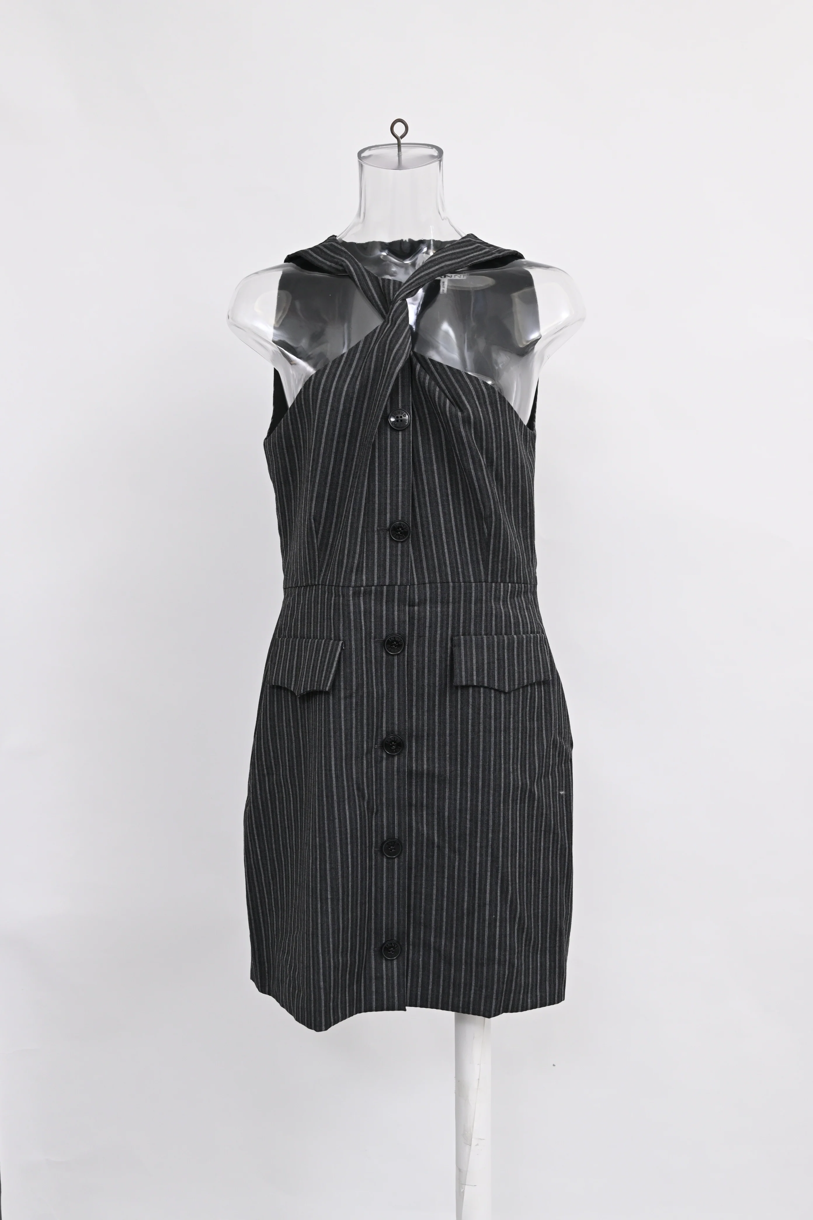 Women's Ganni Twist-Front Jacquard Mini Dress In Dark Gray Recycled Polyester - Image 6