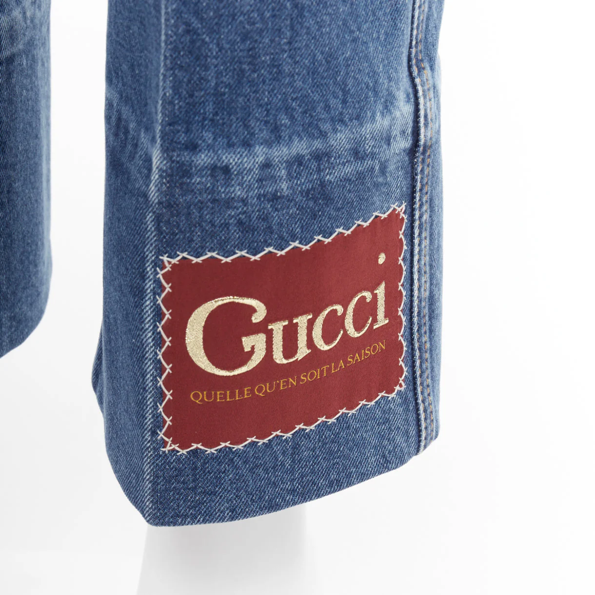 Men's GUCCI Alessandro Michele blue washed cotton red logo patch flared jeans 28" - Image 2