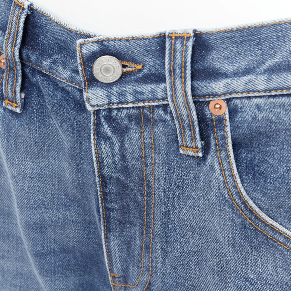 Men's GUCCI Alessandro Michele blue washed cotton red logo patch flared jeans 28" - Image 8