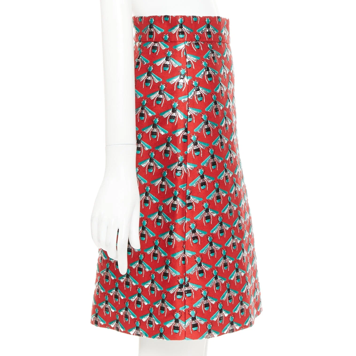 Women's GUCCi 2015 Hibiscus Red Bee jacquard high waist A-line skirt IT40 S - Image 4