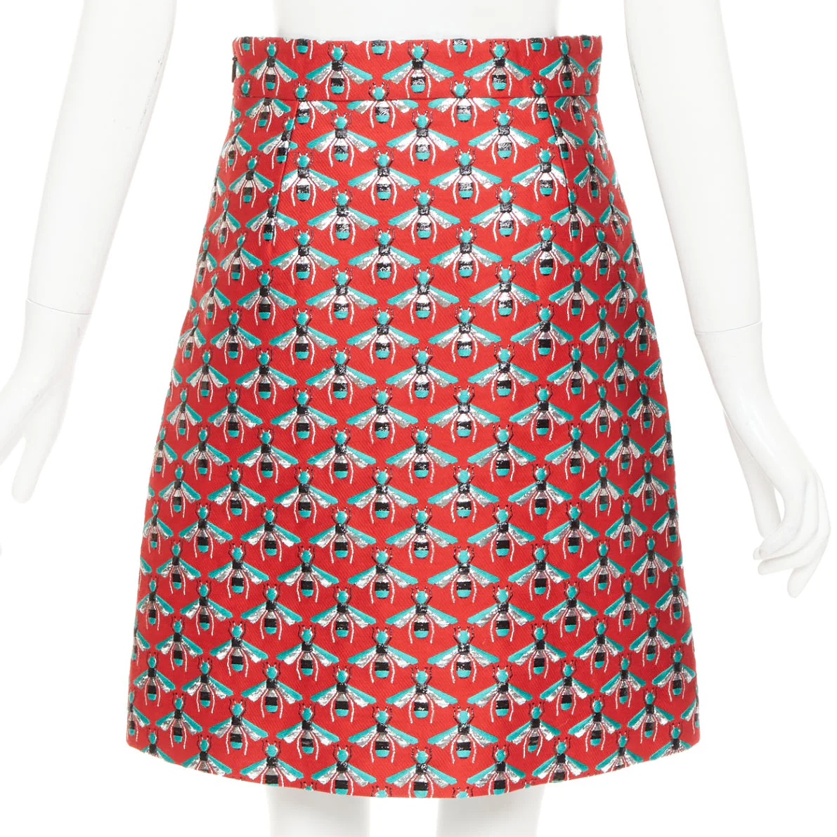 Women's GUCCi 2015 Hibiscus Red Bee jacquard high waist A-line skirt IT40 S - Image 5