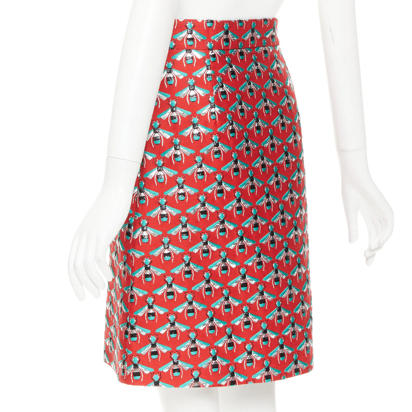 Women's GUCCi 2015 Hibiscus Red Bee jacquard high waist A-line skirt IT40 S - Image 6