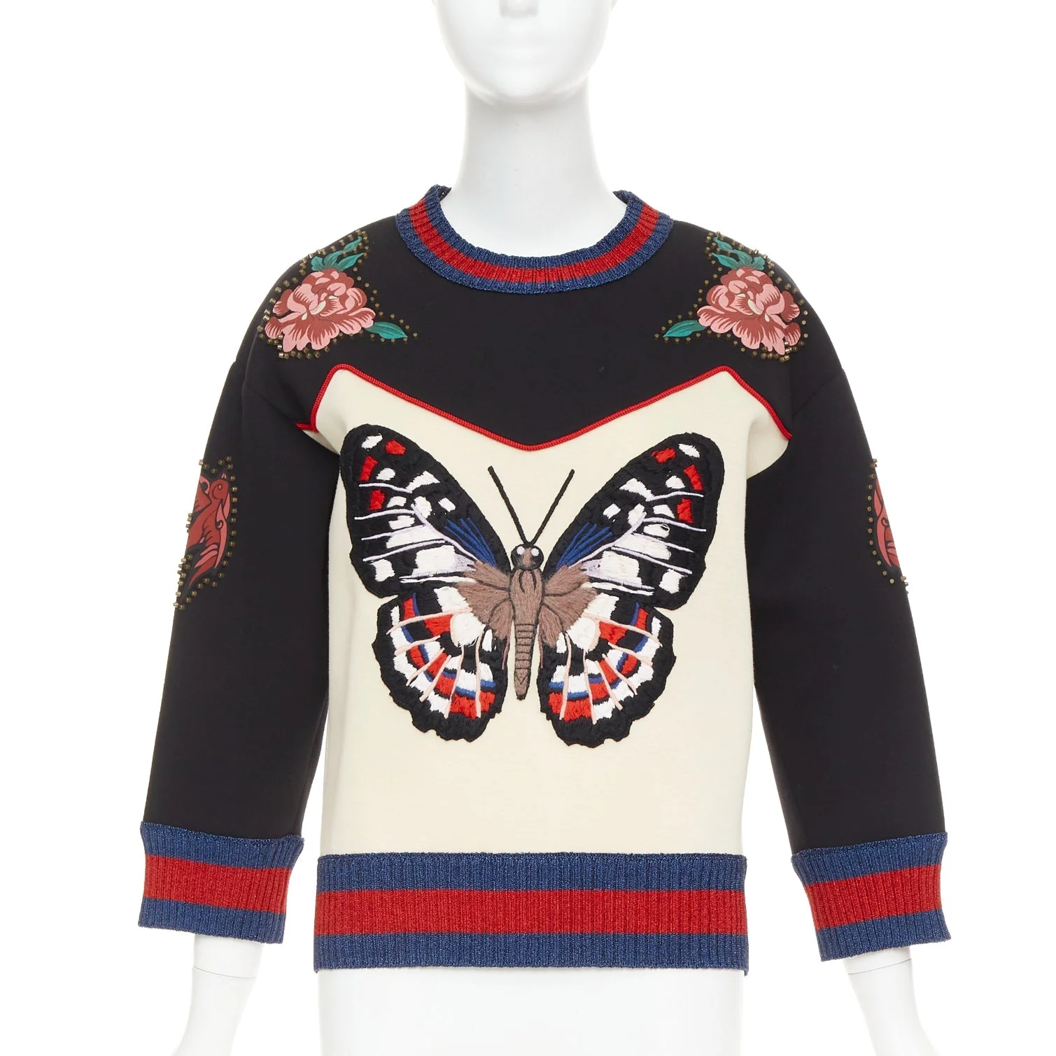 Women's GUCCI 2016 cream black cotton Butterfly Embroidered studded sweatshirt XS