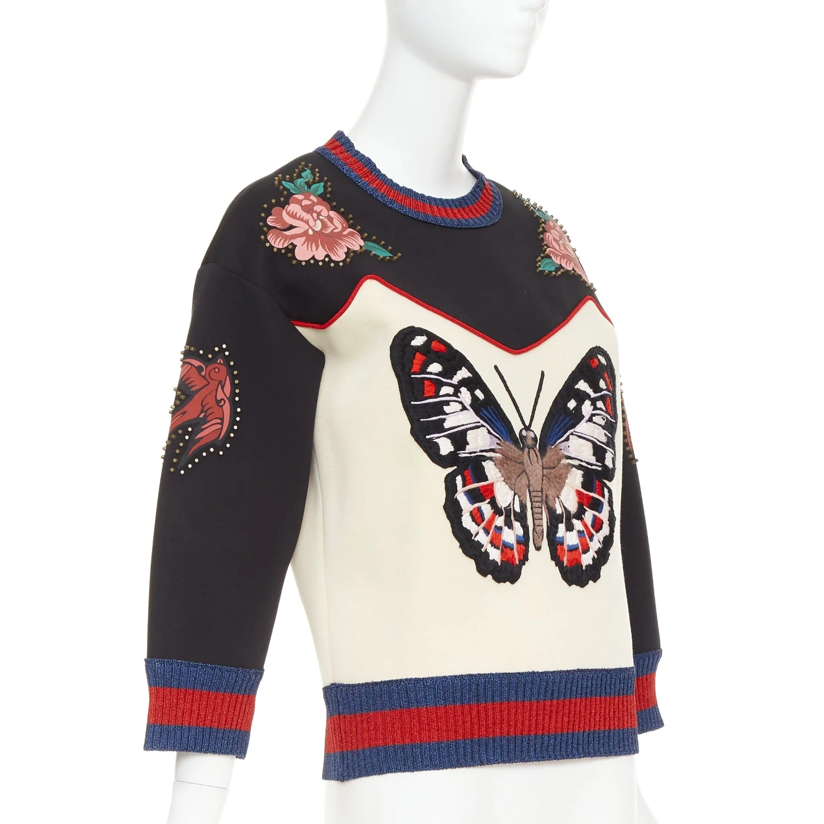 Women's GUCCI 2016 cream black cotton Butterfly Embroidered studded sweatshirt XS - Image 3