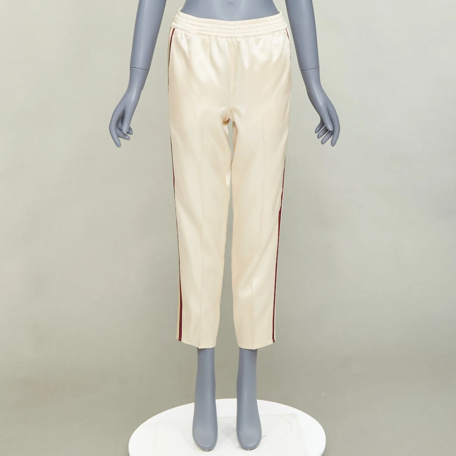 Women's GUCCI 2016 ivory acetate navy red web mid waist cropped track pants IT38 XS - Image 9