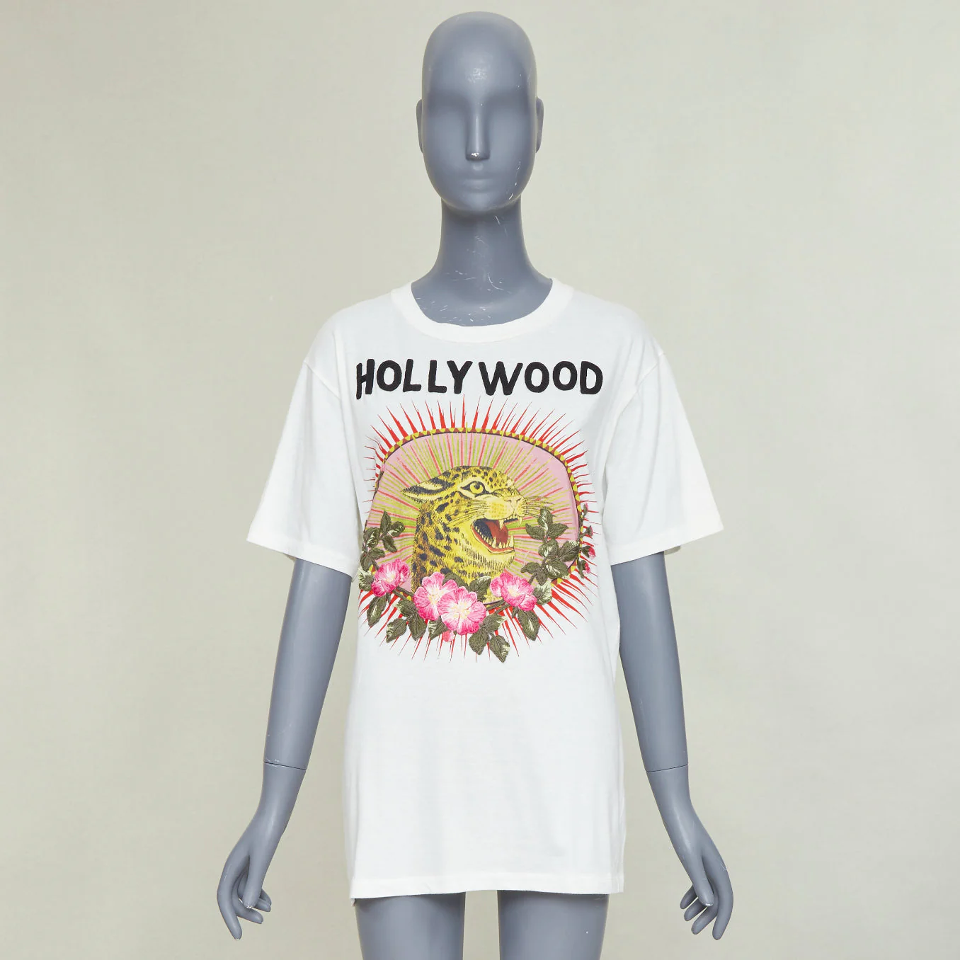 Women's GUCCI 2017 Hollywood leopard floral embroidery applique off-white oversized S - Image 9
