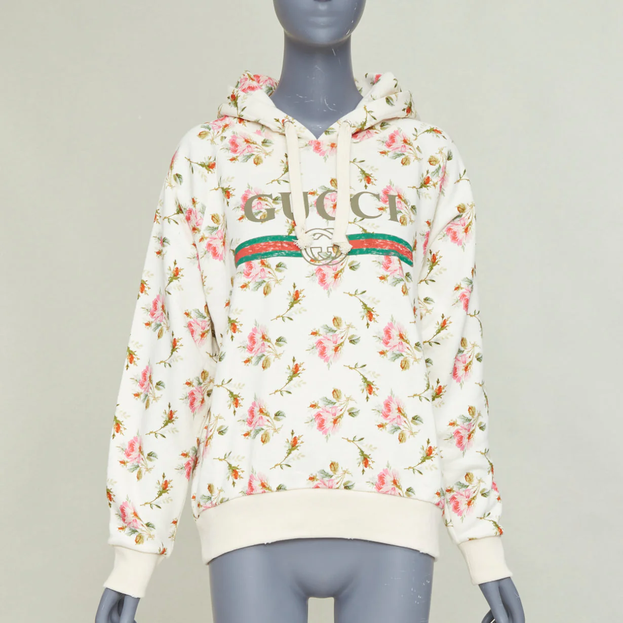 Women's GUCCI 2017 ivory pink floral logo print jersey hoodie XS