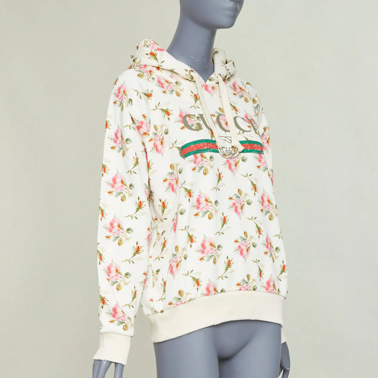 Women's GUCCI 2017 ivory pink floral logo print jersey hoodie XS - Image 3