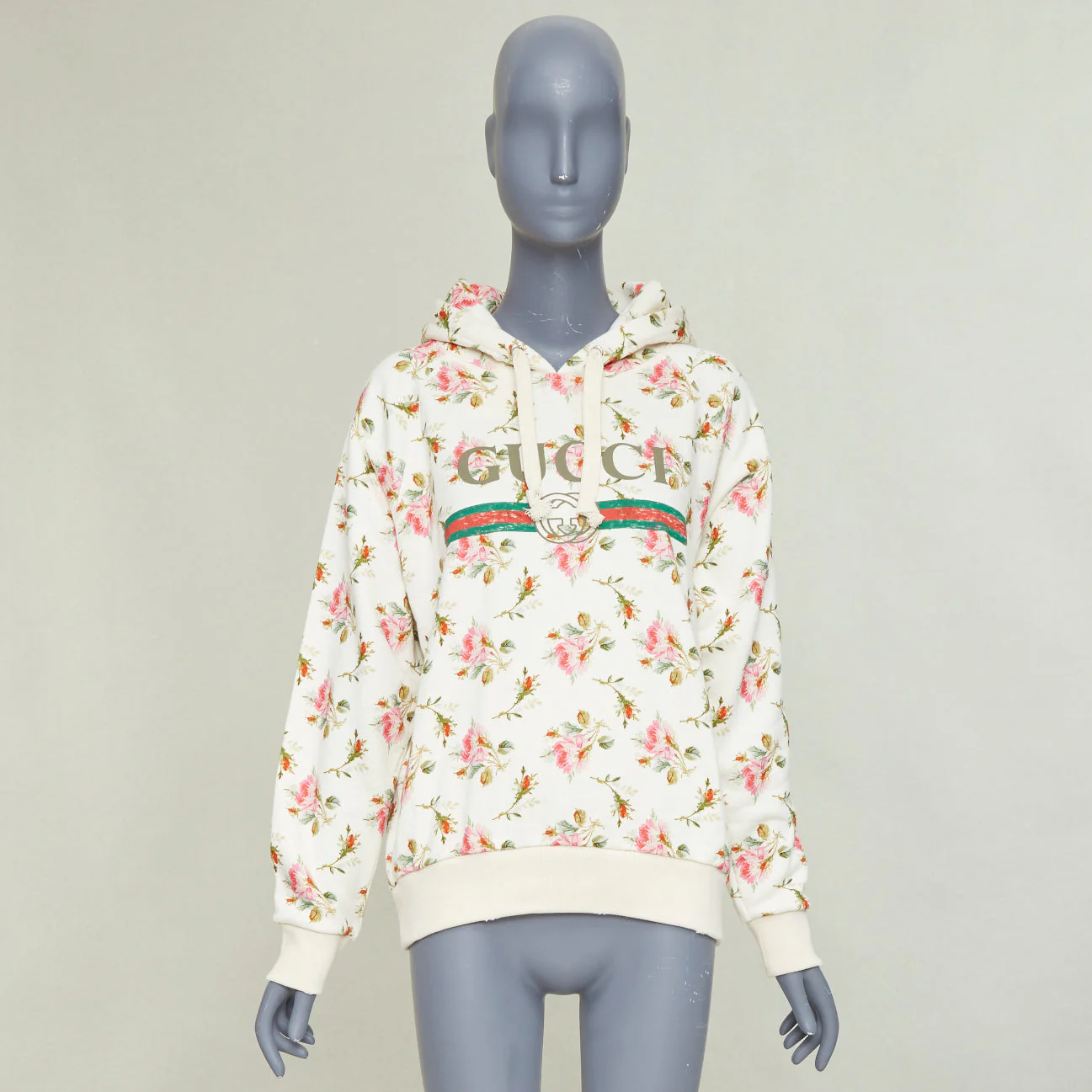 Women's GUCCI 2017 ivory pink floral logo print jersey hoodie XS - Image 9