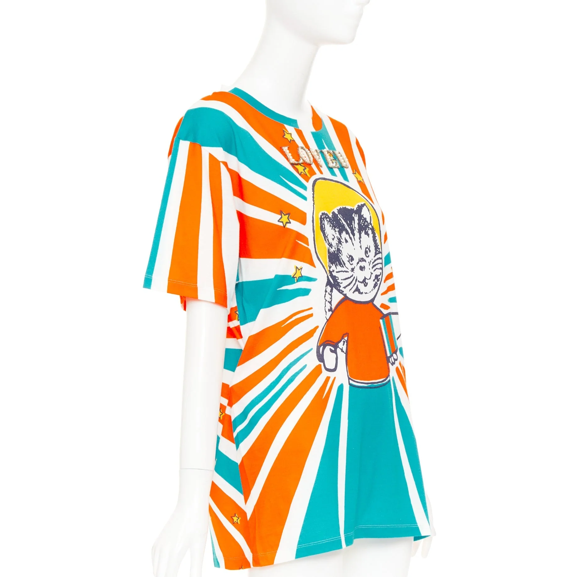 Women's GUCCI 2017 LOVED Space Cat Astronaut embroidered beaded orange blue t-shirt S - Image 3