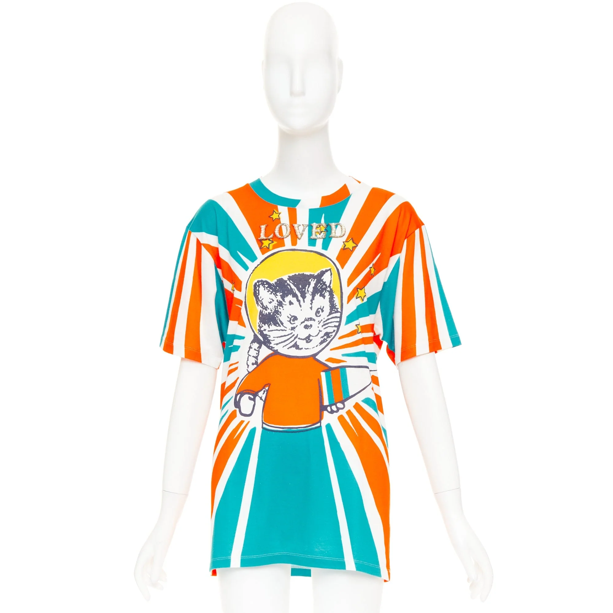 Women's GUCCI 2017 LOVED Space Cat Astronaut embroidered beaded orange blue t-shirt S - Image 9