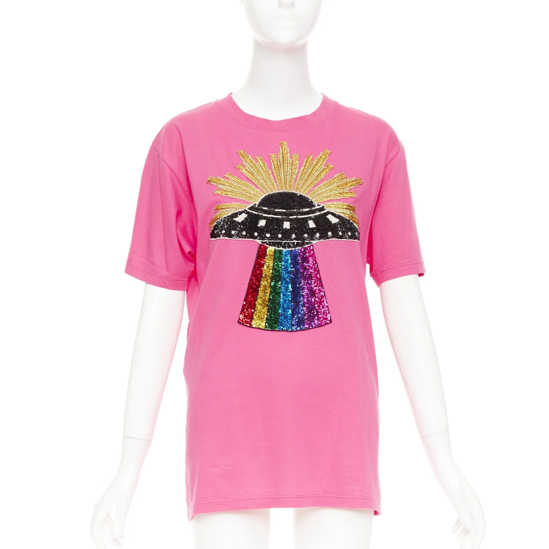 Women's GUCCI 2017 pink cotton multicolor sequin UFO rainbow graphic t-shirt XS