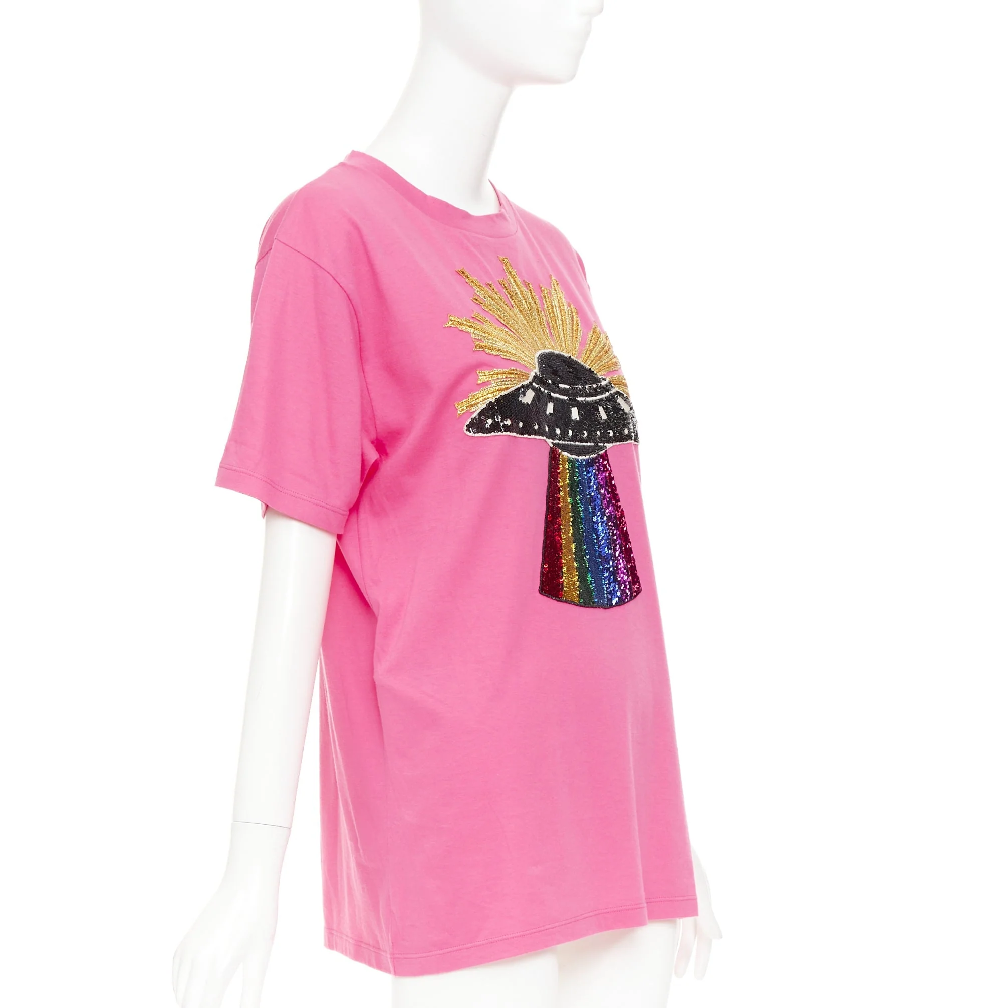 Women's GUCCI 2017 pink cotton multicolor sequin UFO rainbow graphic t-shirt XS - Image 3