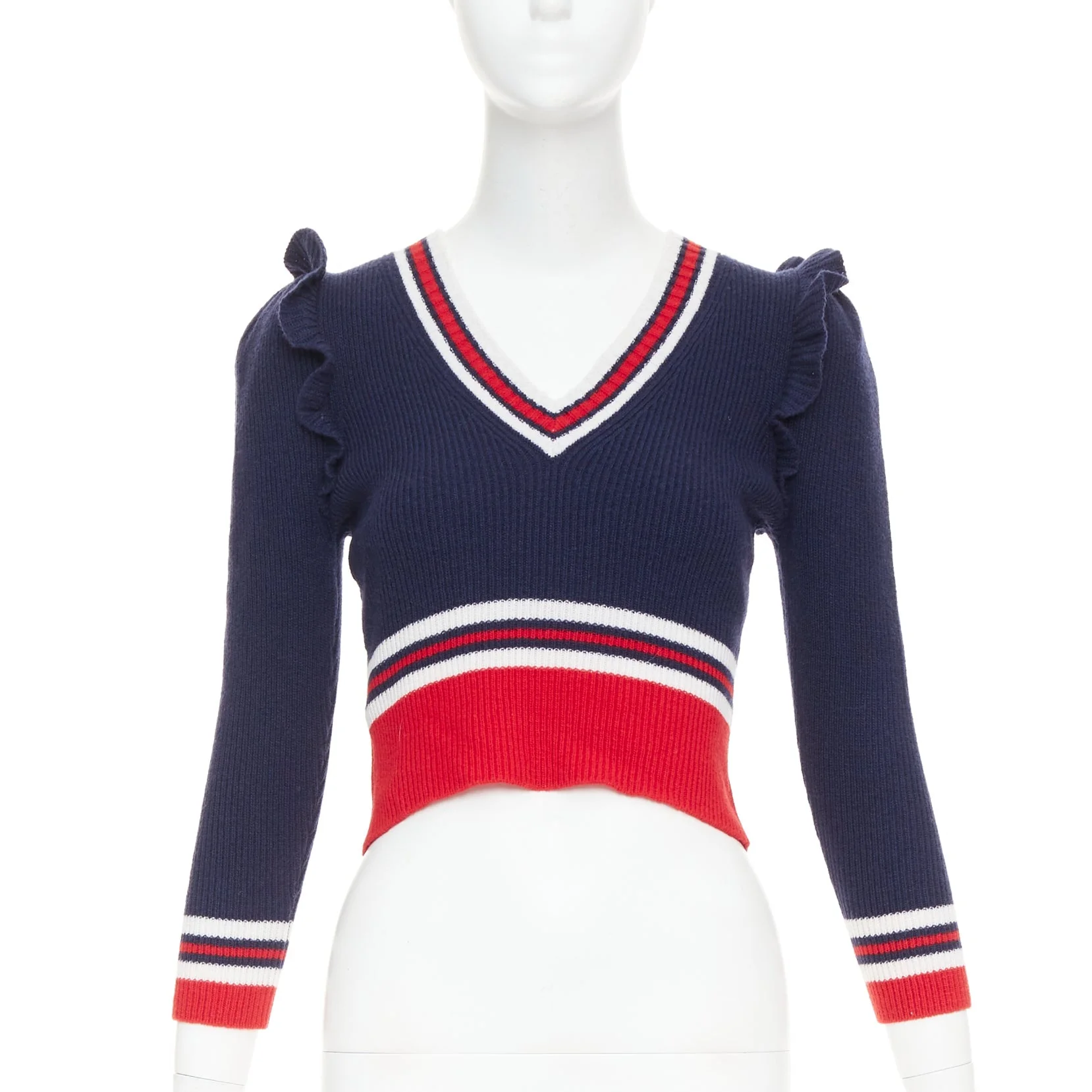 Women's GUCCI 2017 Runway navy red ruffled shoulder cropped V-neck striped sweater XS