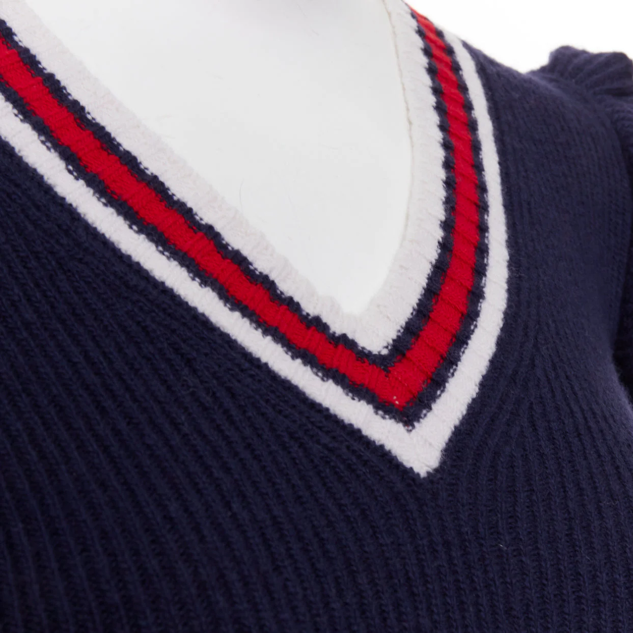 Women's GUCCI 2017 Runway navy red ruffled shoulder cropped V-neck striped sweater XS - Image 2
